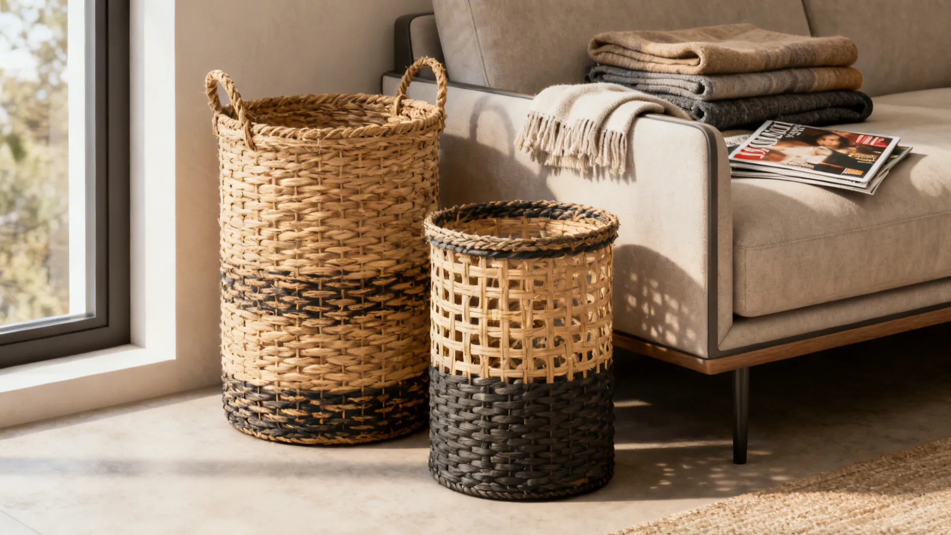 Two woven laundry baskets standing on floor next to a modern sofa with folded blankets