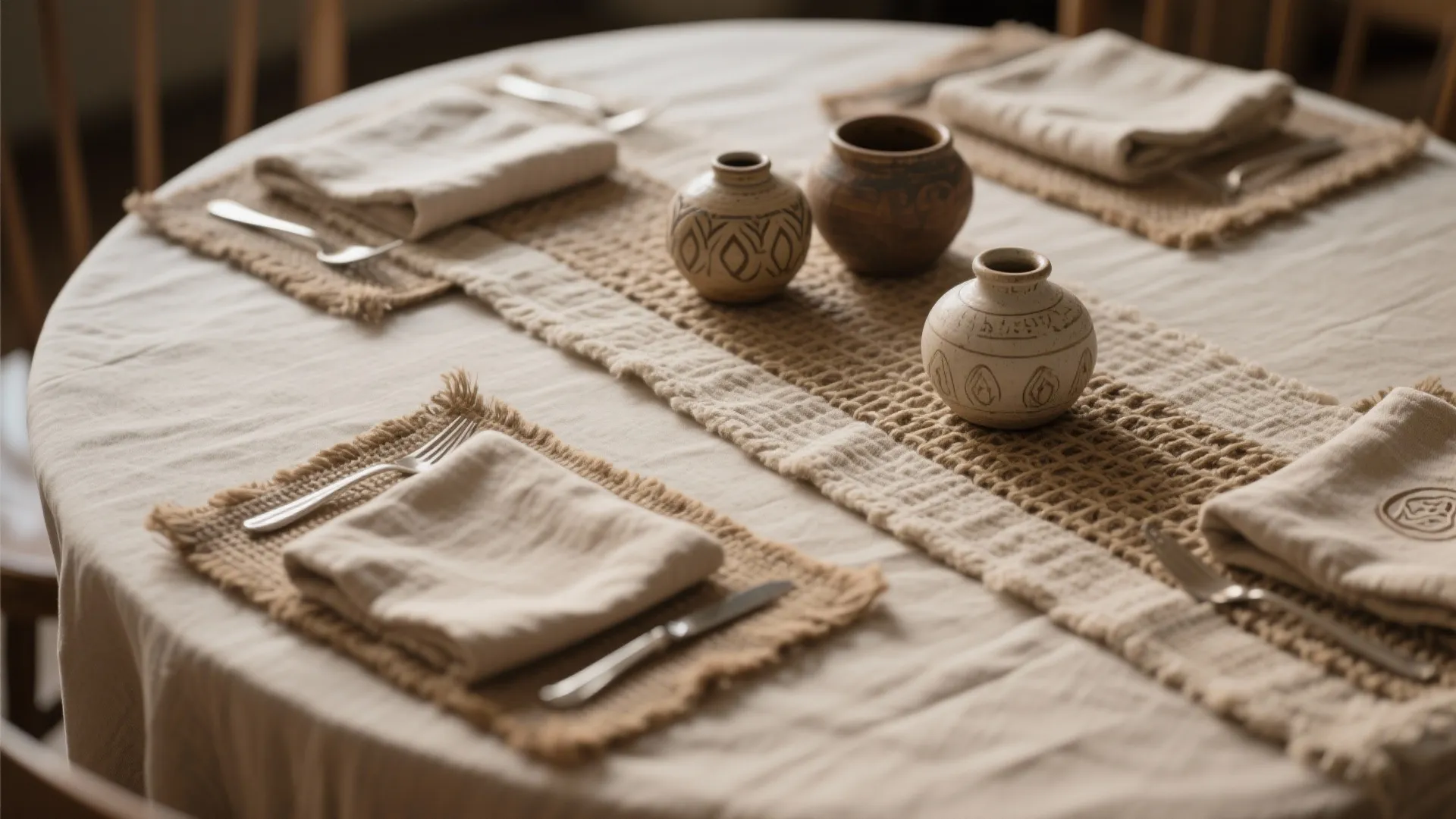 Close up of dining table with burlap placemats beige napkins small clay pots and runners