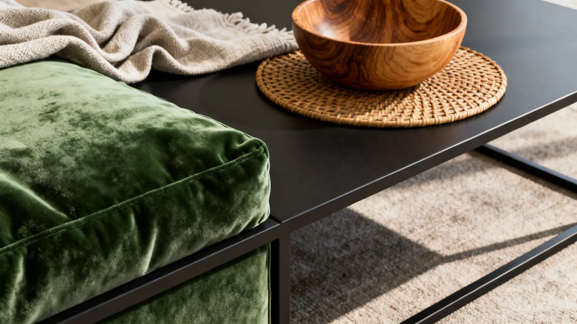 Close-up of green velvet cushion, matte black coffee table and natural wood accents showing layered textures.