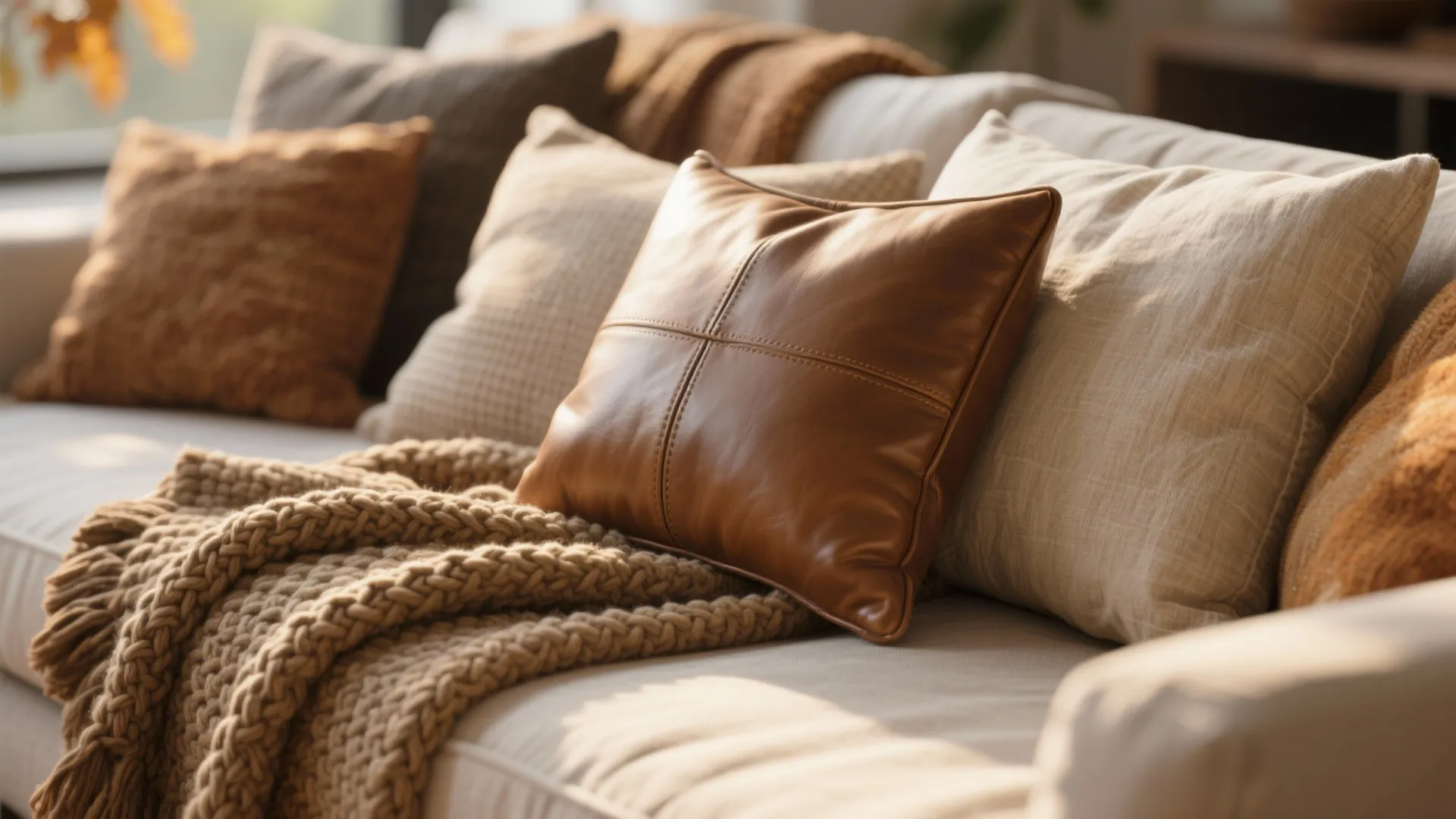 Close up of a brown leather pillow and knitted blanket on a white fabric sofa