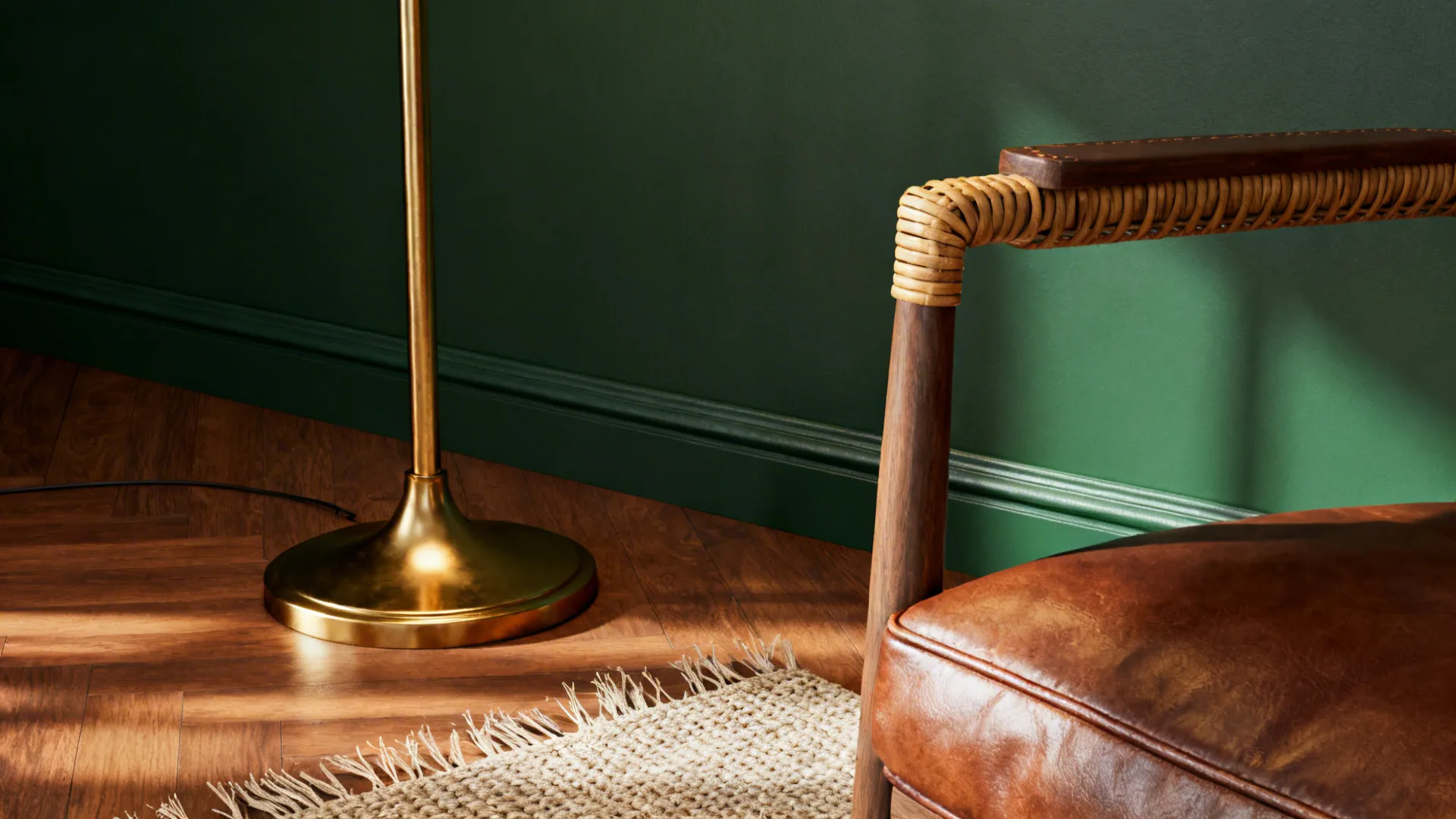 Close-up of matte dark green wall, warm brown wood floor, rattan and brass accents showing layered textures.