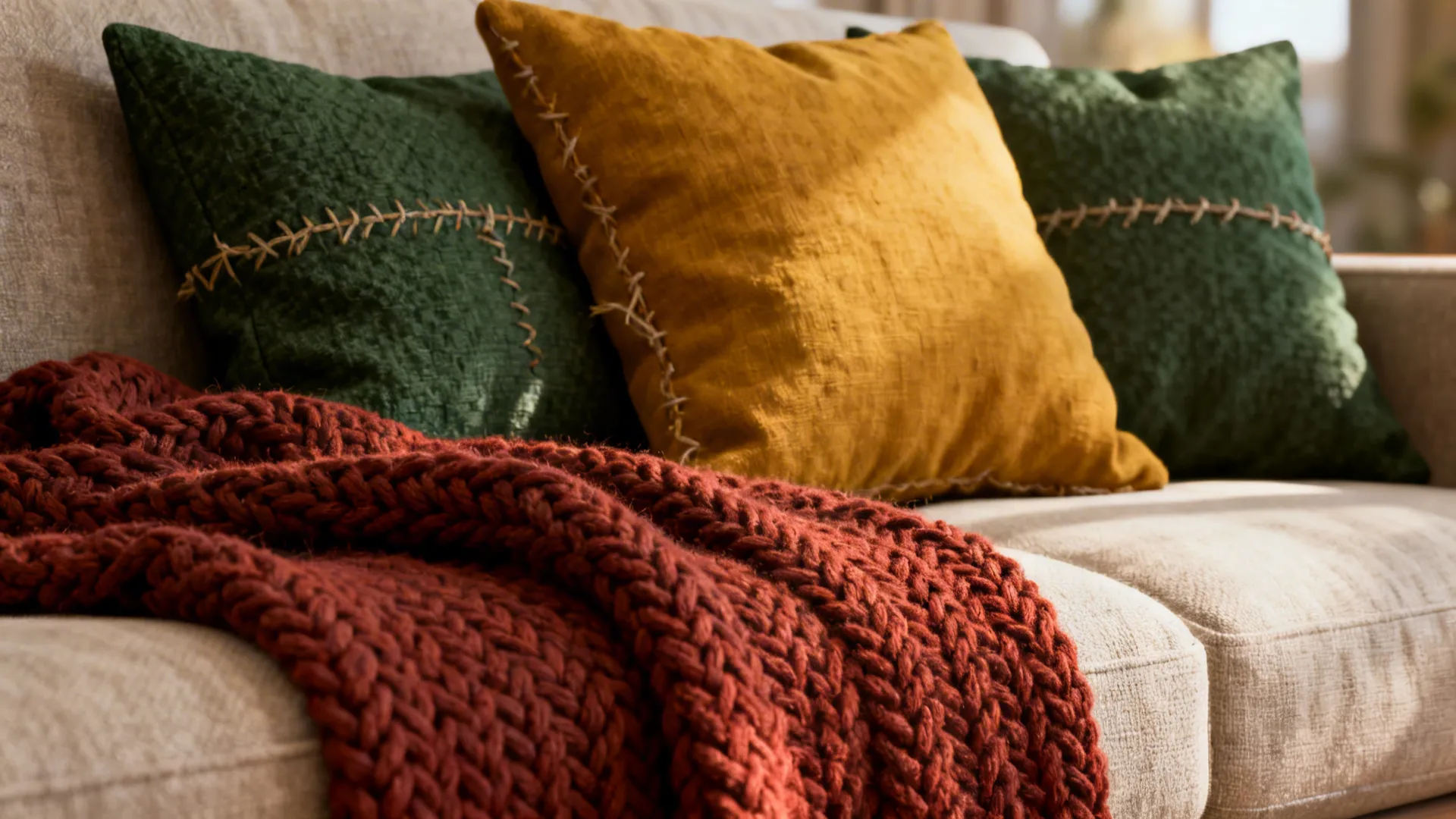 Close-up of chunky knit rust throw and mustard and deep green pillows layered on a neutral sofa.