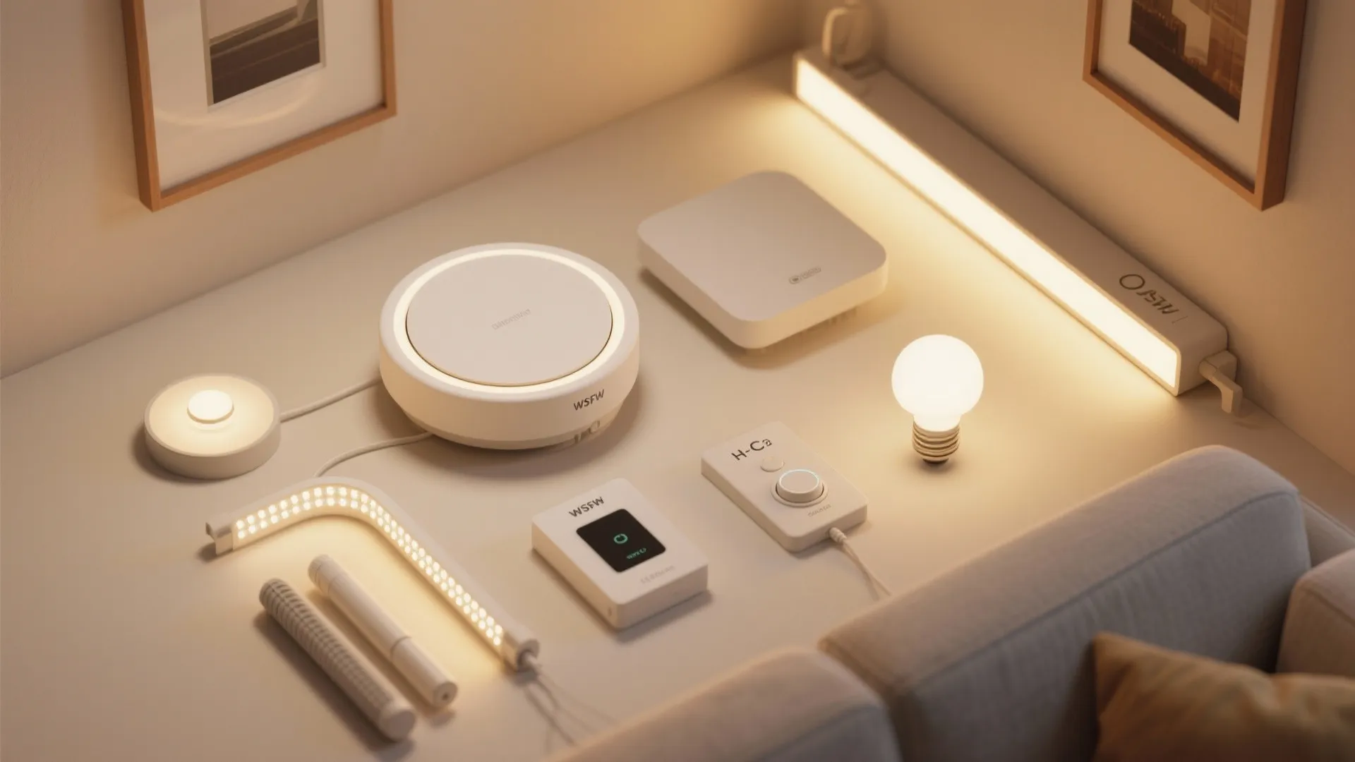 Various smart home lighting controls including light bulbs and light strips arranged on a white surface
