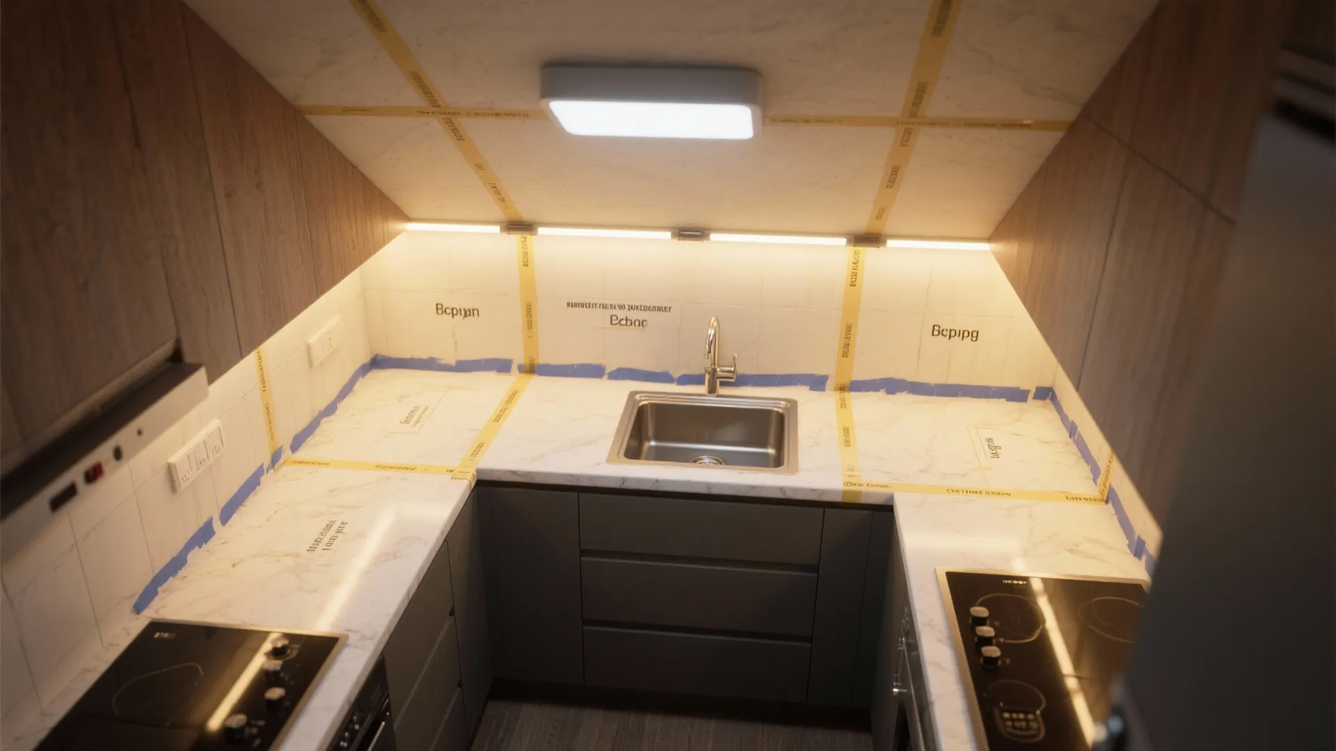 Kitchen interior design drawing with yellow marking tape on white countertop grey cabinets and sink