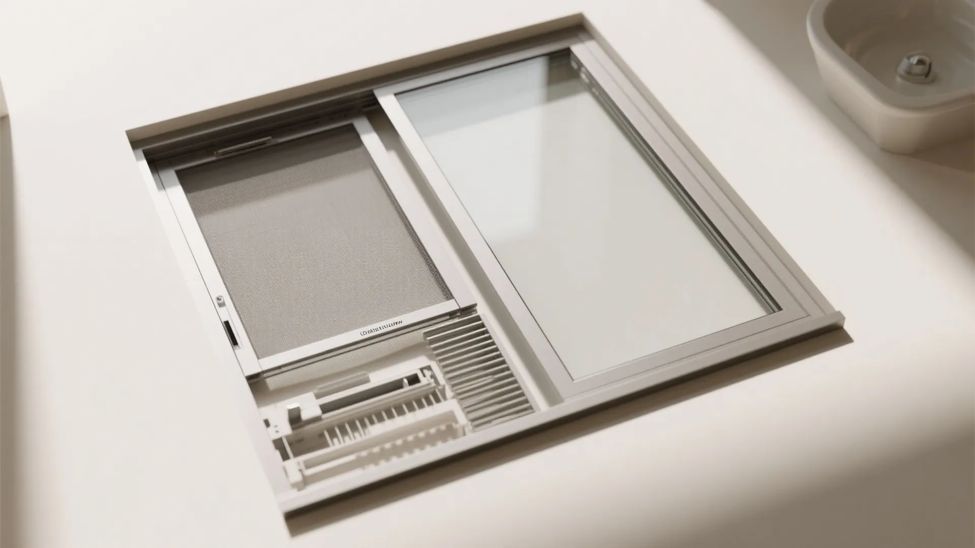 Interior design drawing of window frame with glass panel mesh screen and white kitchen sink