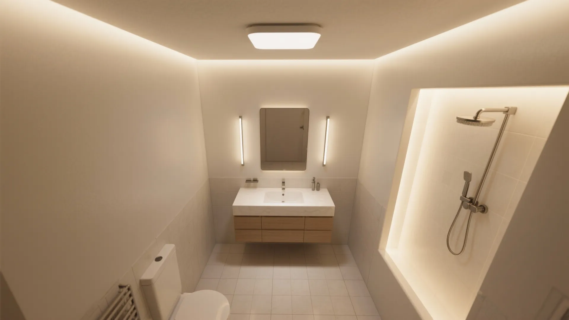Small modern bathroom with wooden vanity white sink wall lights walk-in shower and white tiles