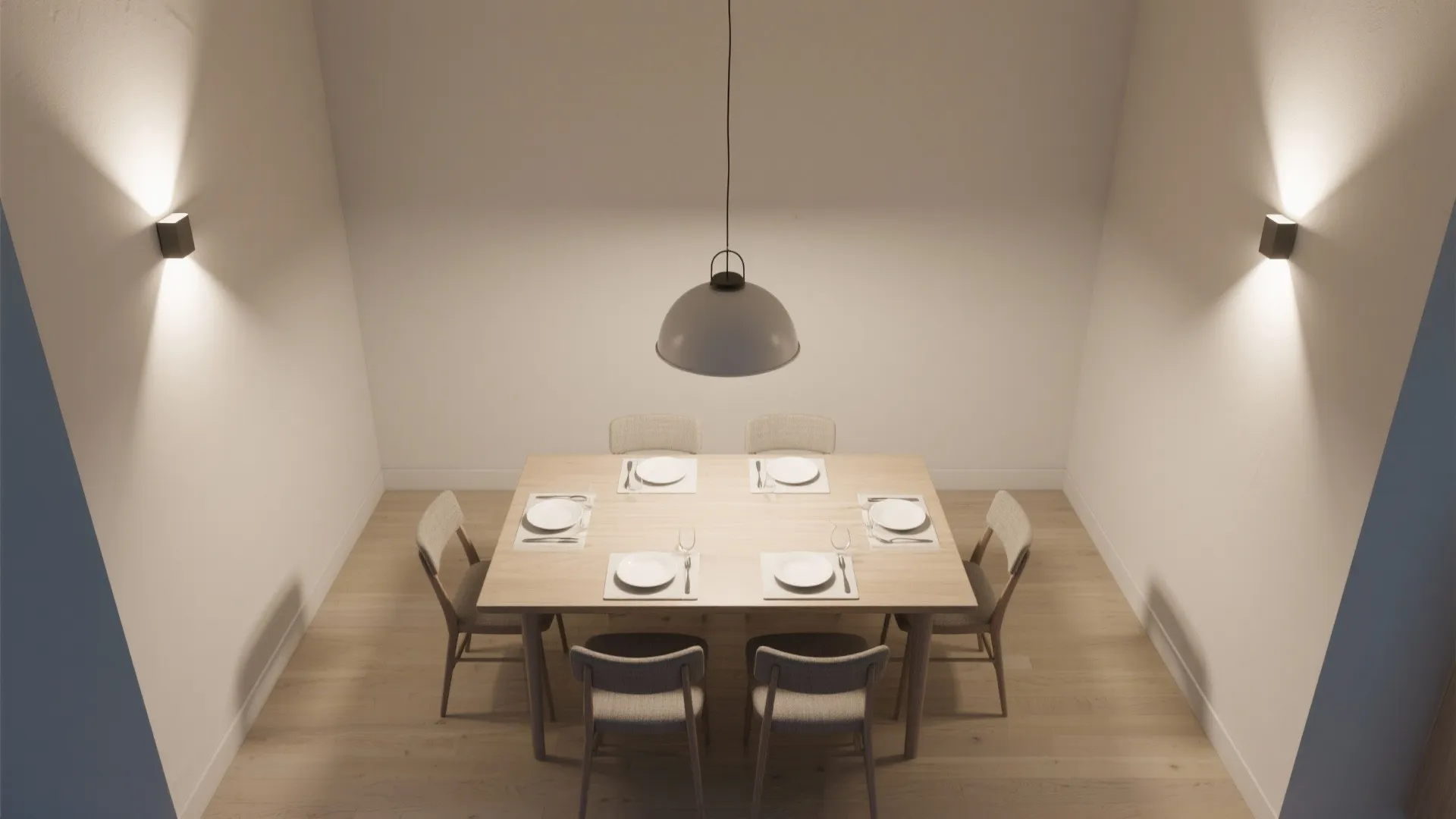 Top-down view showing a pendant with two wall washers providing balanced layered light.