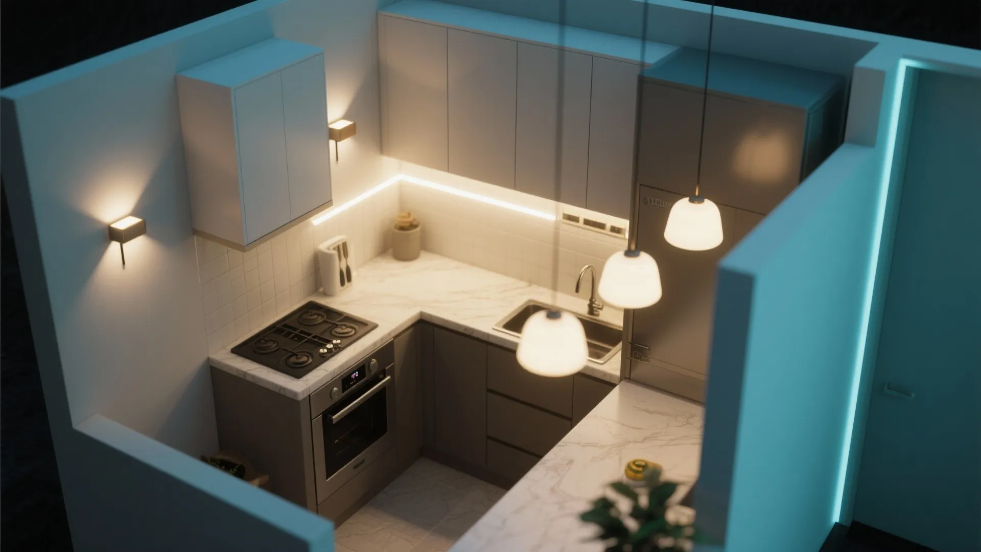 Layered lighting: black wall lights + under-cabinet + ambient