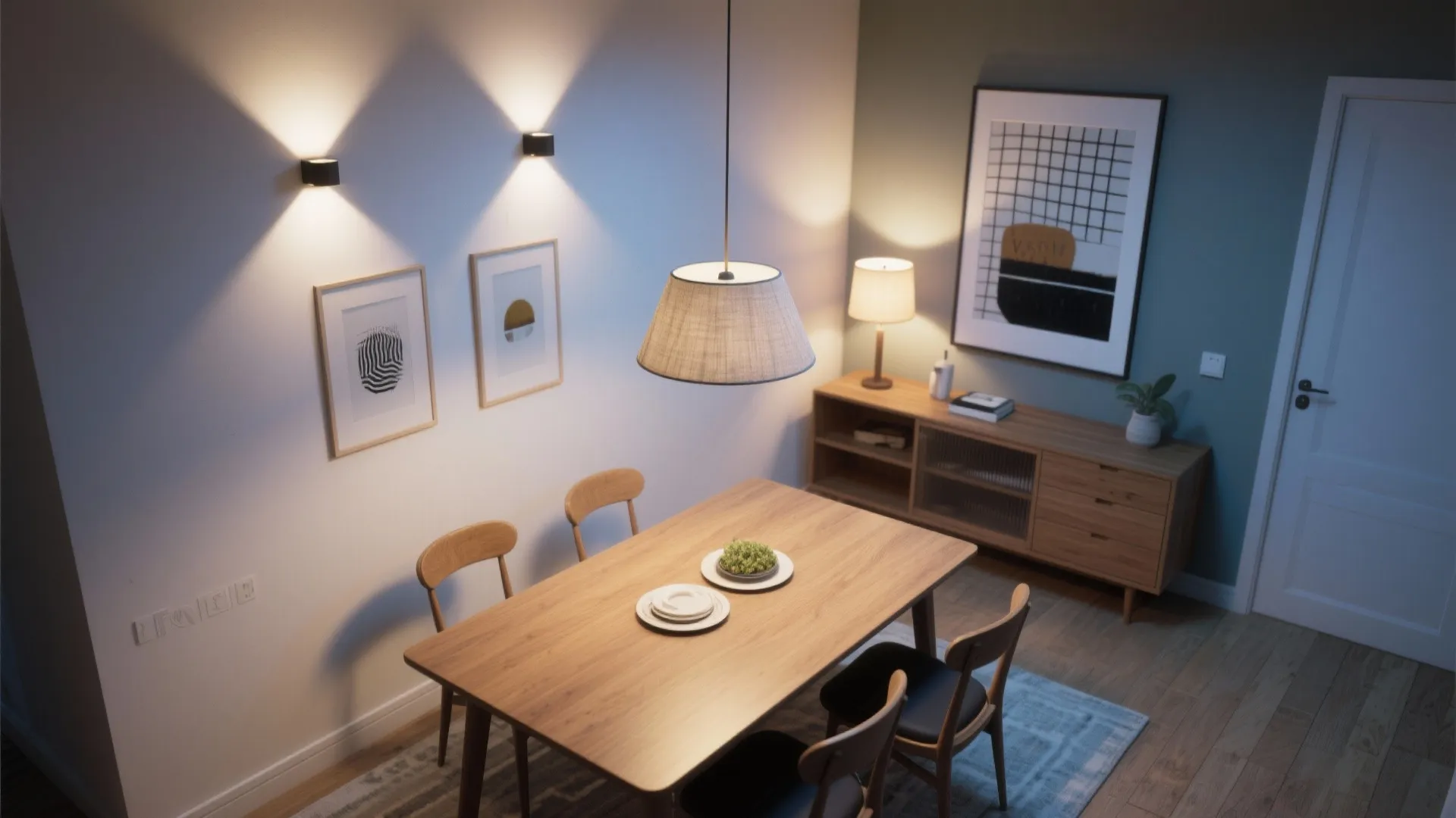 Layered lighting: pendant + wall wash + table lamp