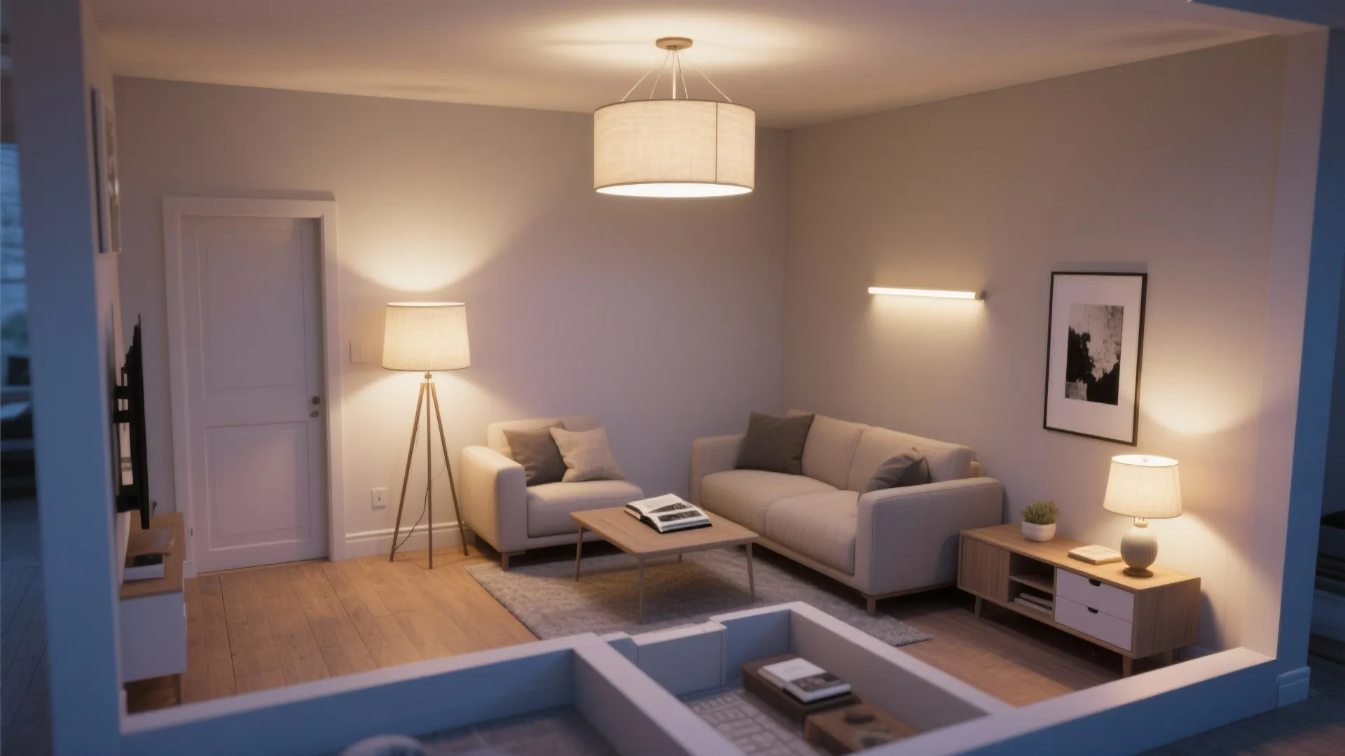 Top-down view mapping ambient, task, and accent lighting zones in a compact living room.