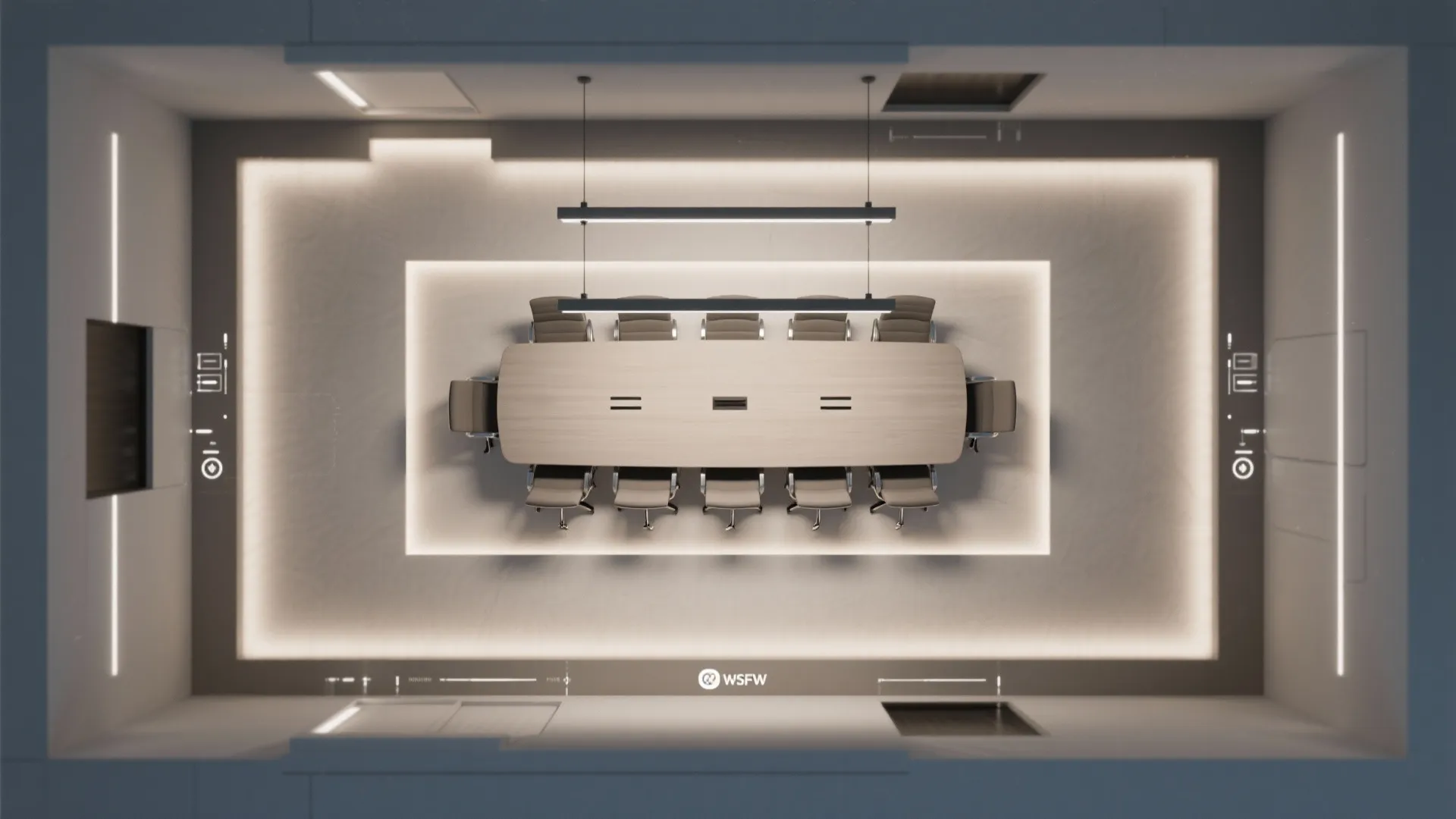 Top down interior design drawing of a conference room with large table and symmetrical lighting