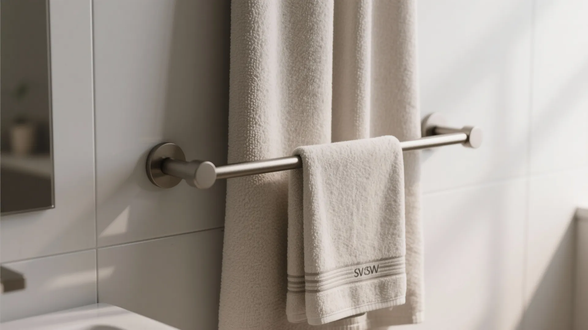 Modern metal towel bar on a white tiled wall with two beige towels hanging neatly