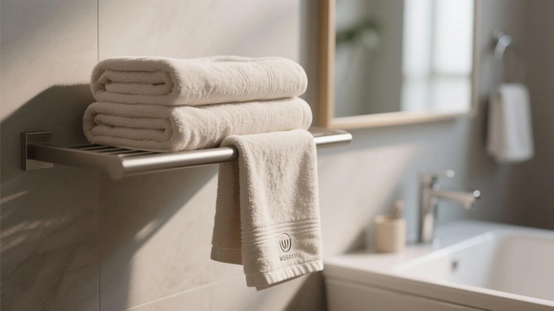 Modern bathroom towel rack holding folded white towels with one towel hanging down for daily use