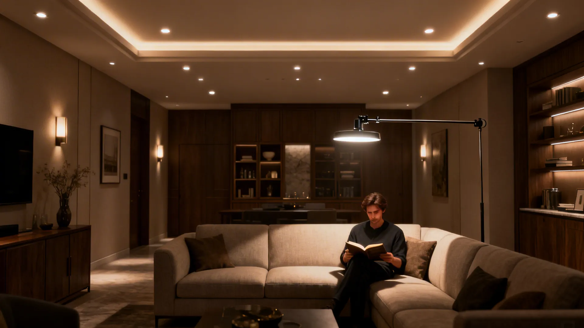 Living room with recessed ambient lights and a track above the sofa for focused task lighting.