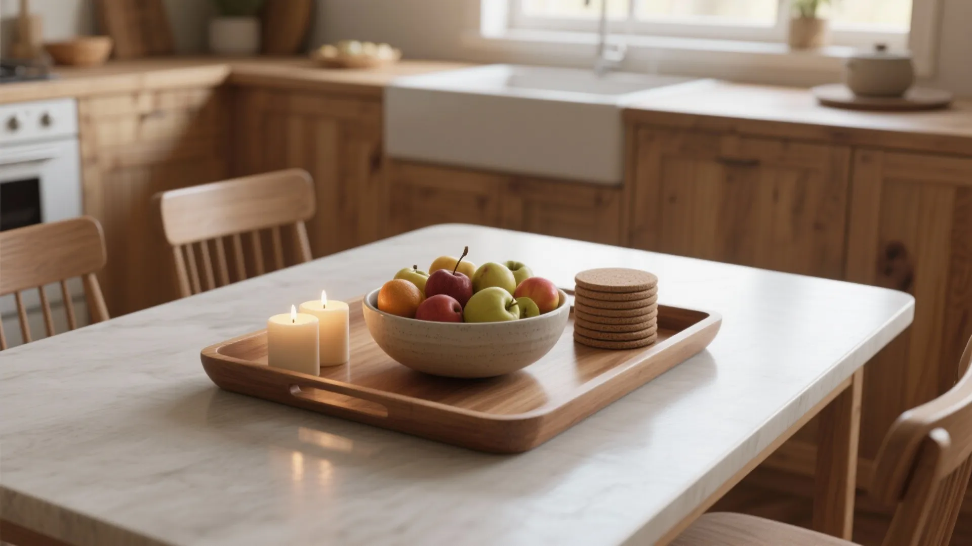 2. Low, layered tray with candles and fruit