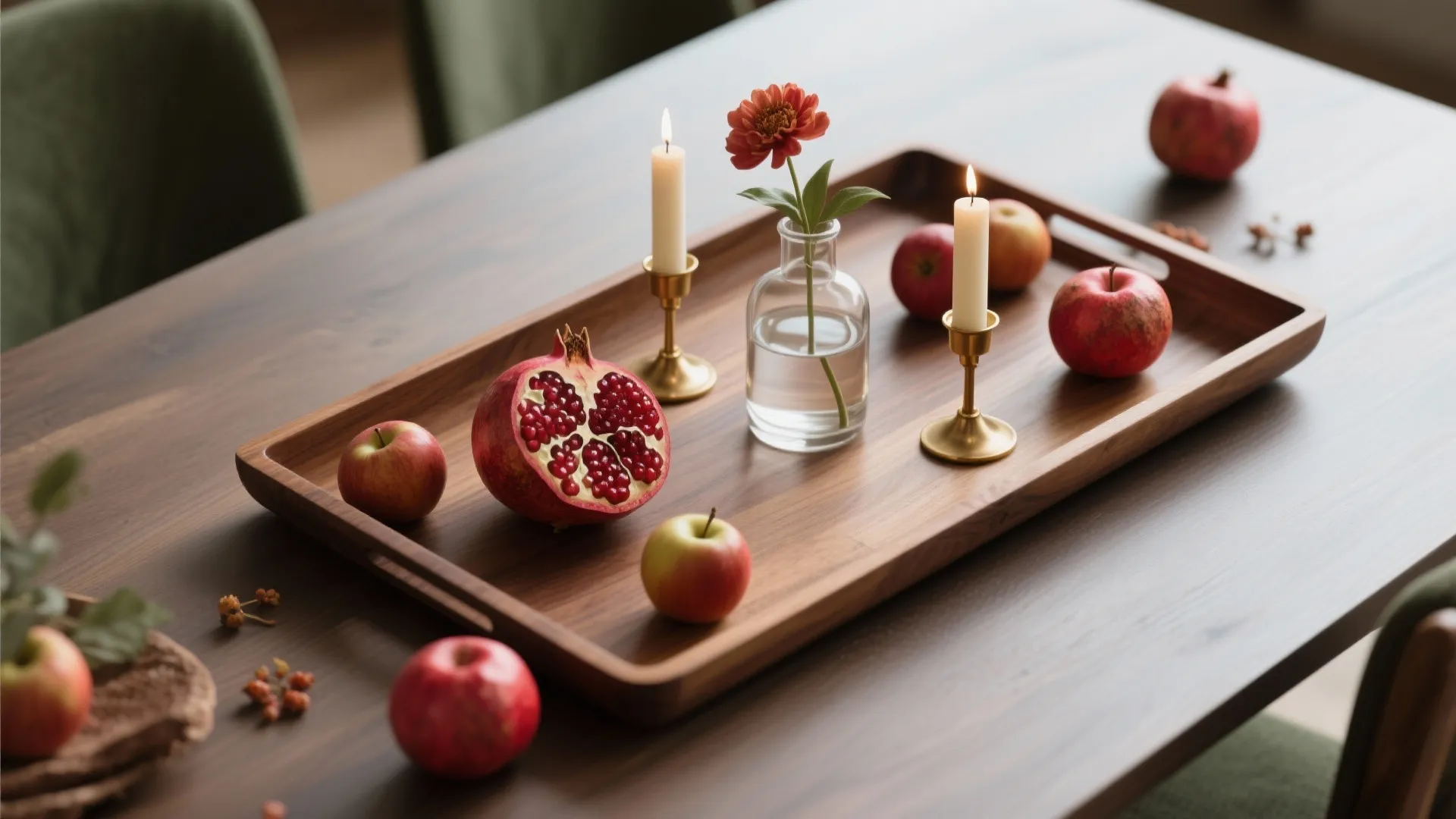 2. Layered Tray with Candles and Seasonal Fruit