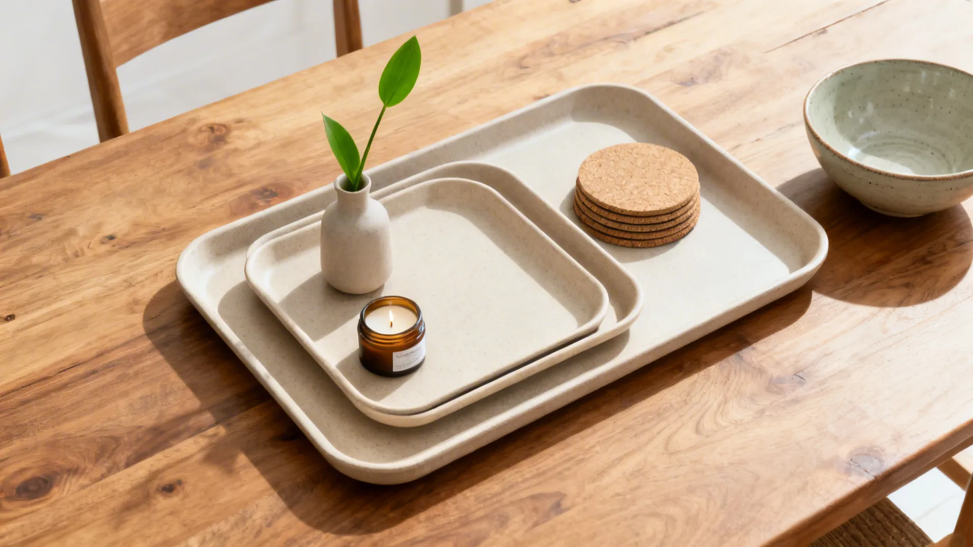 Two beige trays on wooden table holding small vase green leaves candle and cork coasters