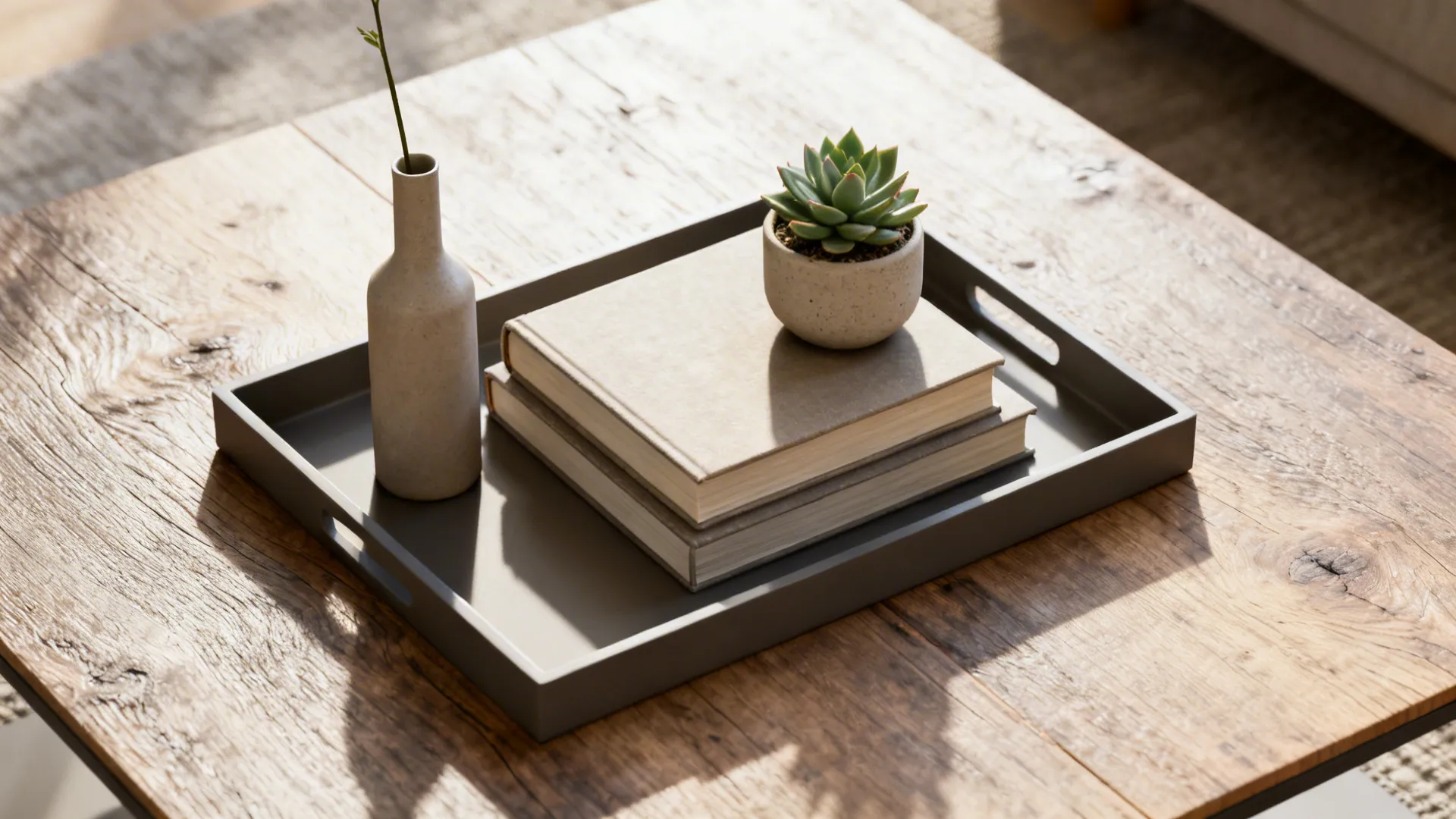 Top-down view of a tray with stacked books and a small succulent on a coffee table