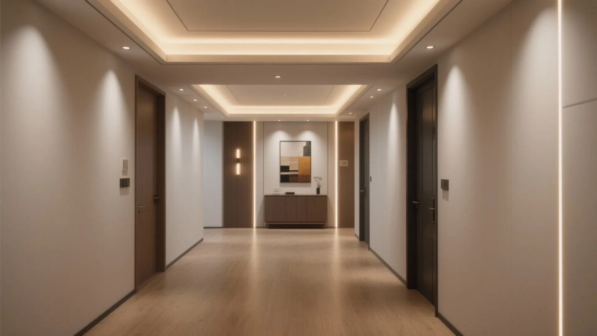 Long hallway with recessed ceiling lights warm wall light fixtures and a wooden storage cabinet