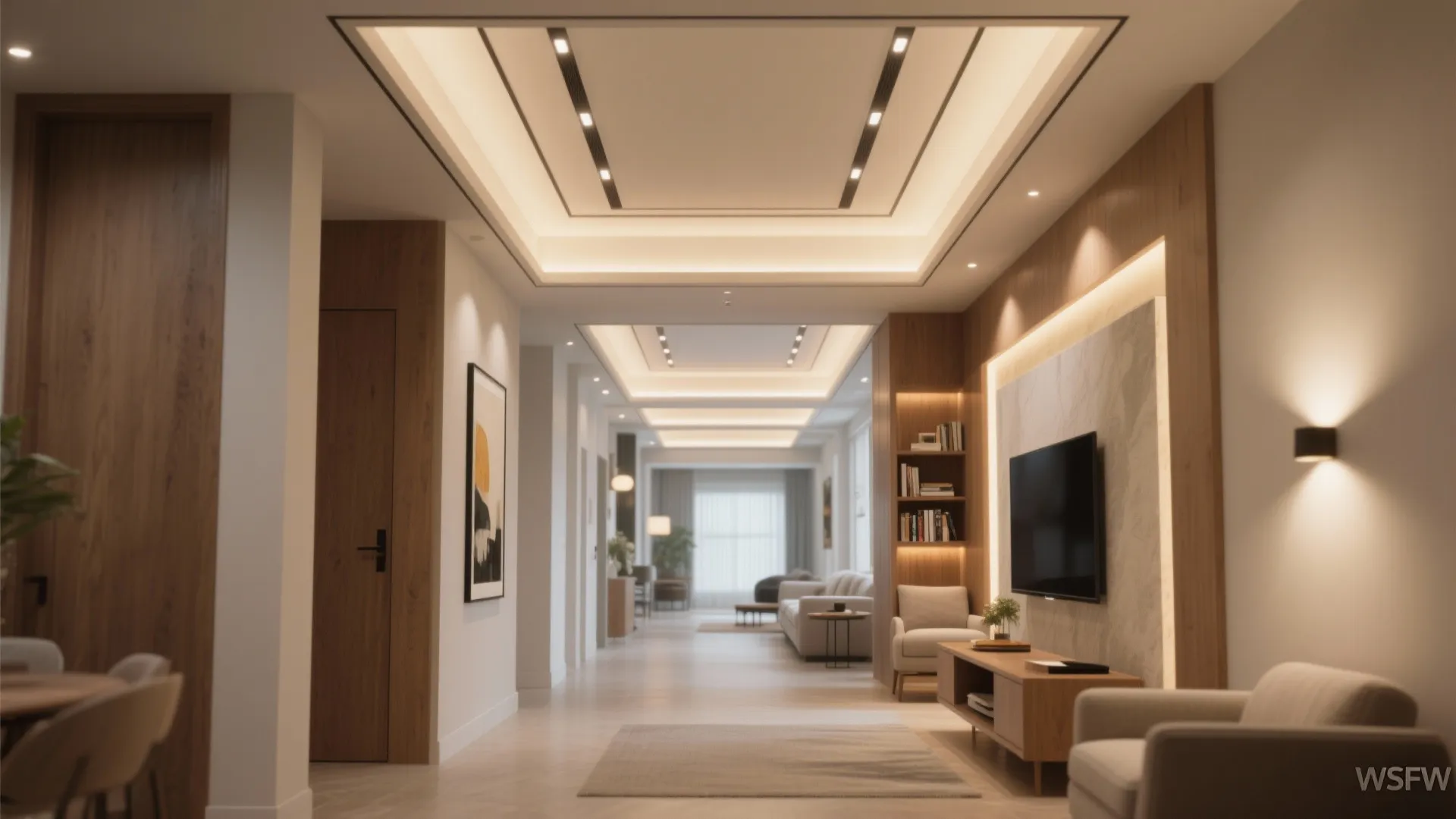 Layered Ceiling Trays with Zoned Lighting