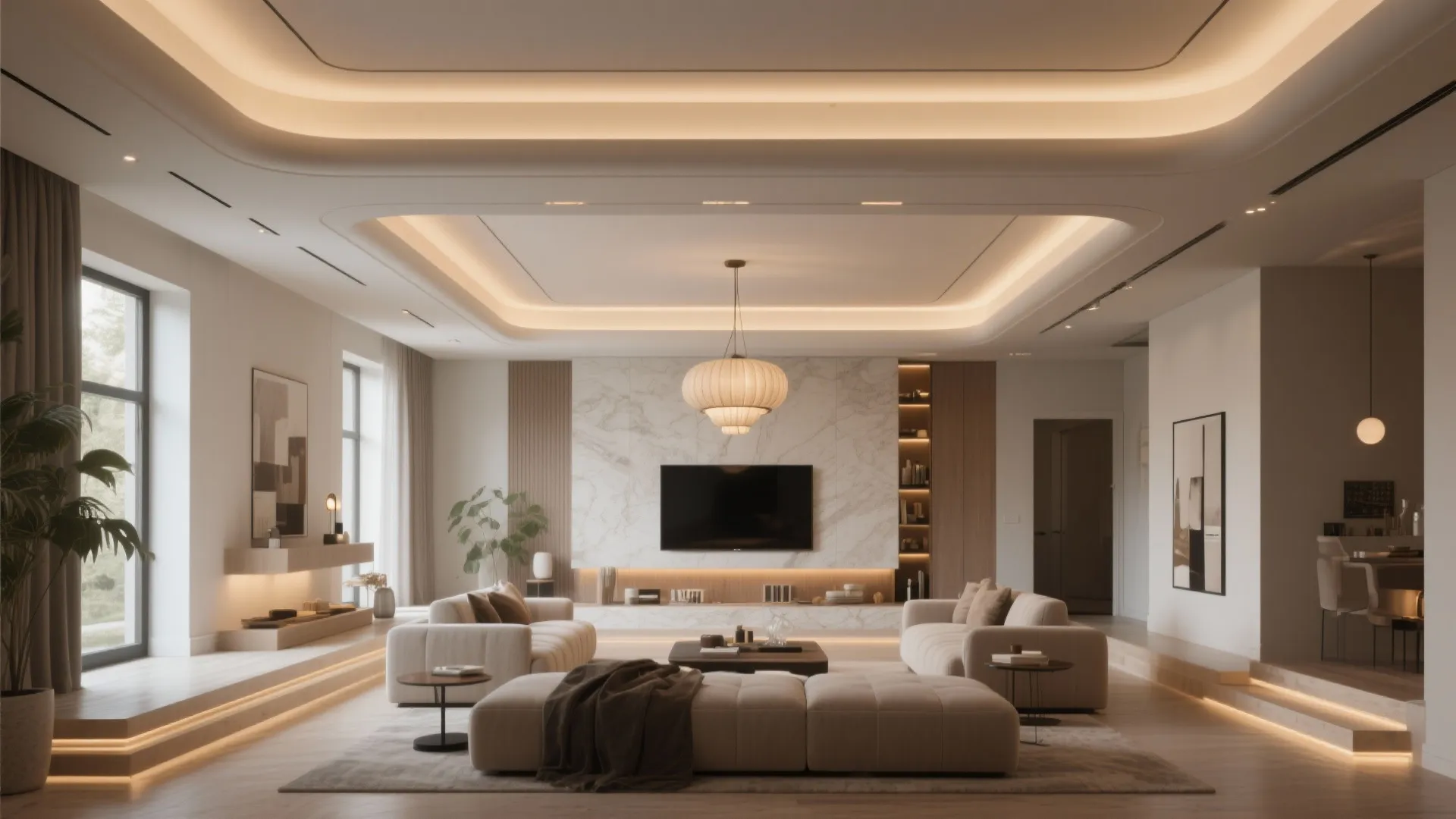 Living hall with a two-level tray ceiling, cove lighting, and a central pendant.