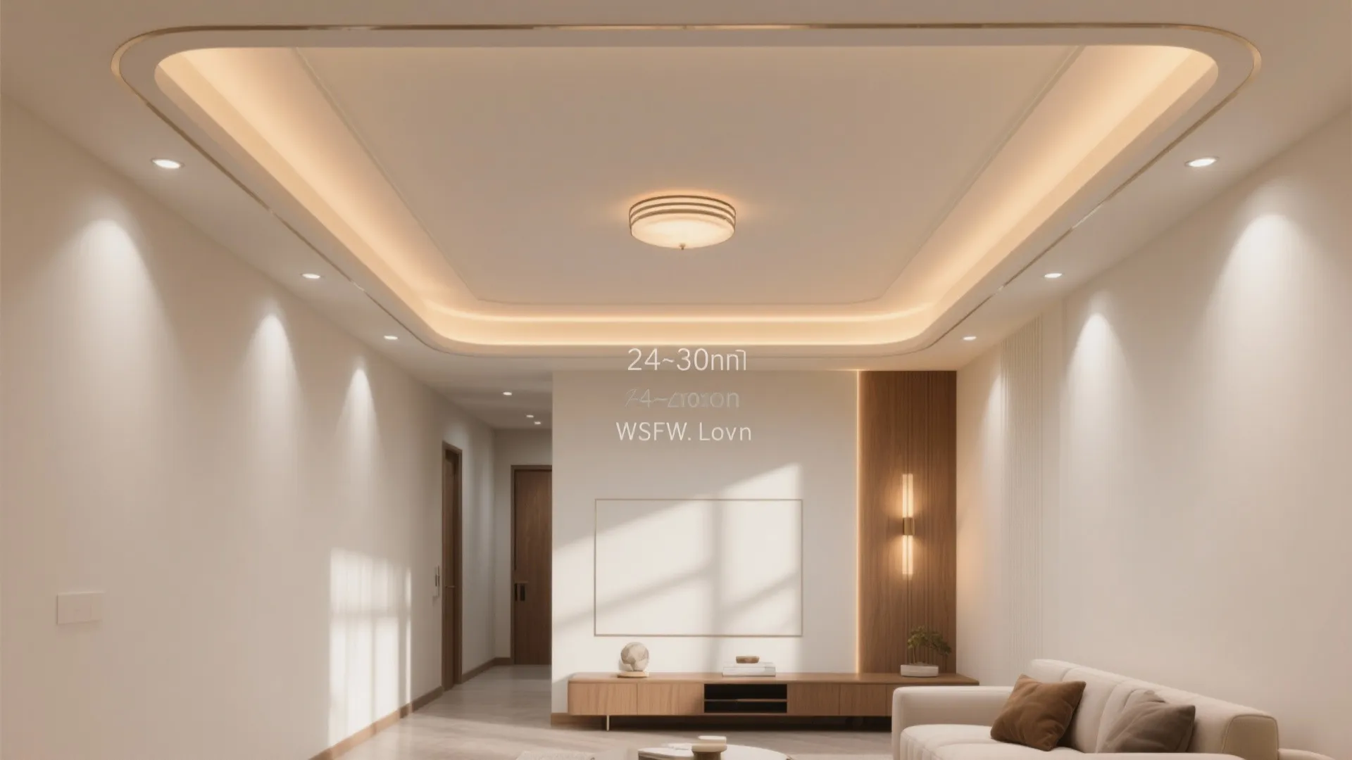 Modern living room with a tray ceiling light fixture and warm light strips along edges