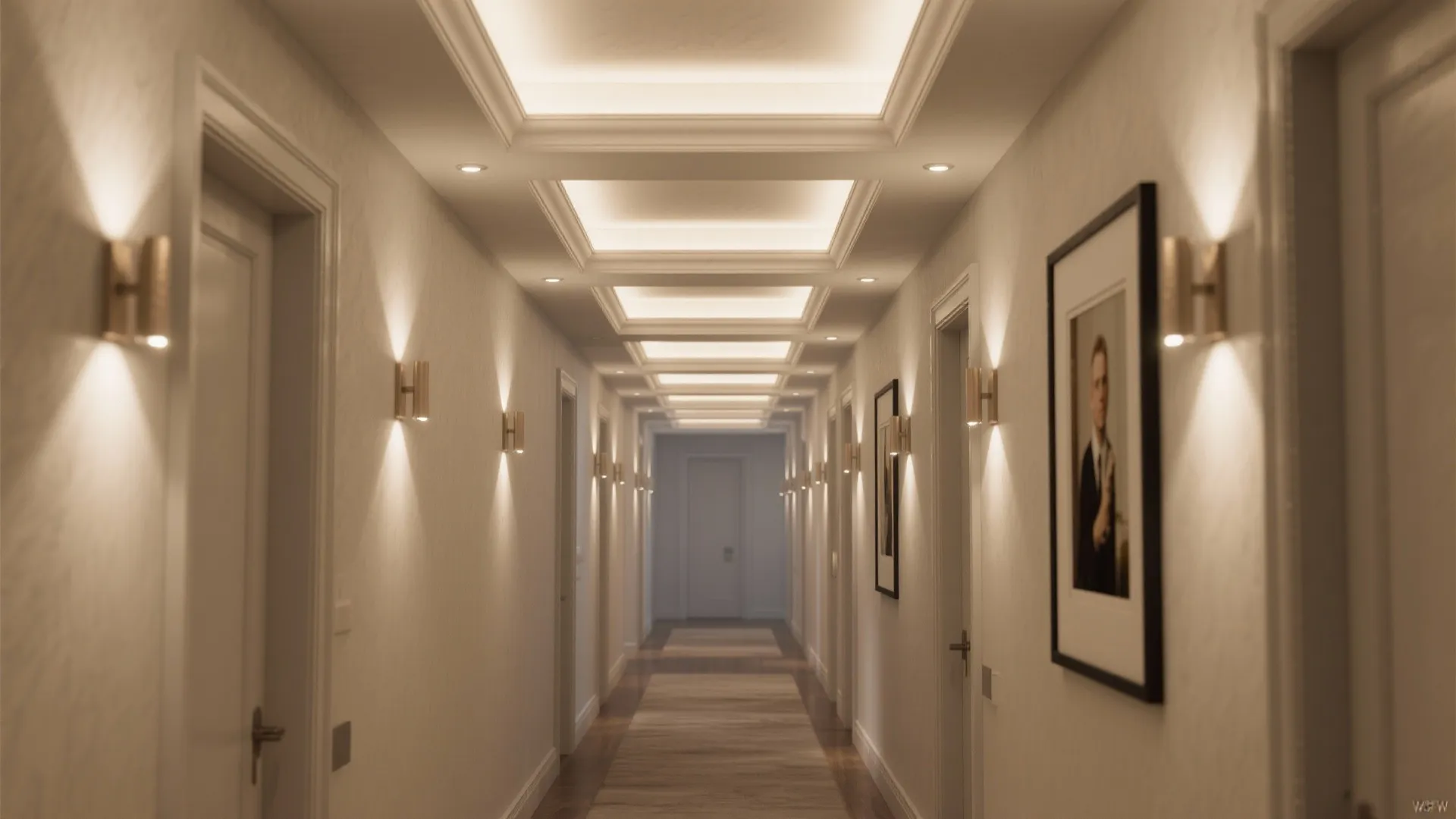 Luxurious hallway with layered tray ceiling light panels gold wall lights and framed art pieces