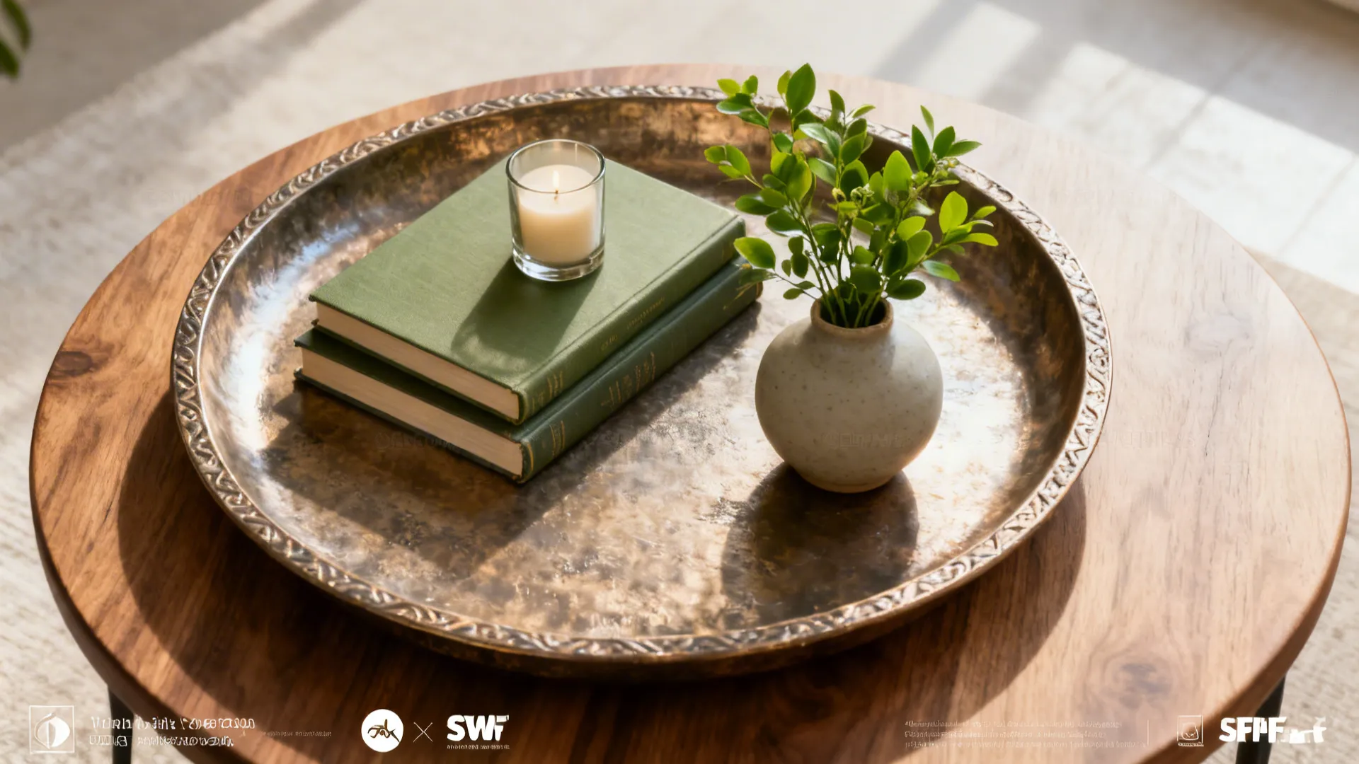 Top-down view of a heavy decorative tray with books, candle and low vase on a coffee table