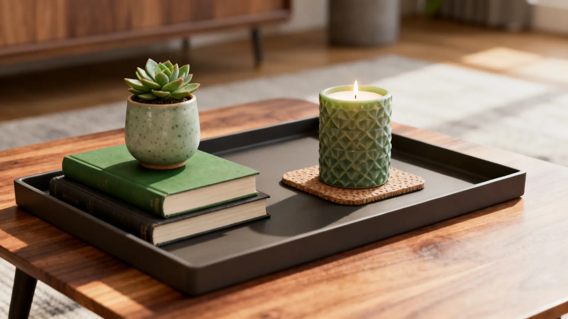 Close-up of a low tray with stacked books, succulent, and candle on a coffee table.