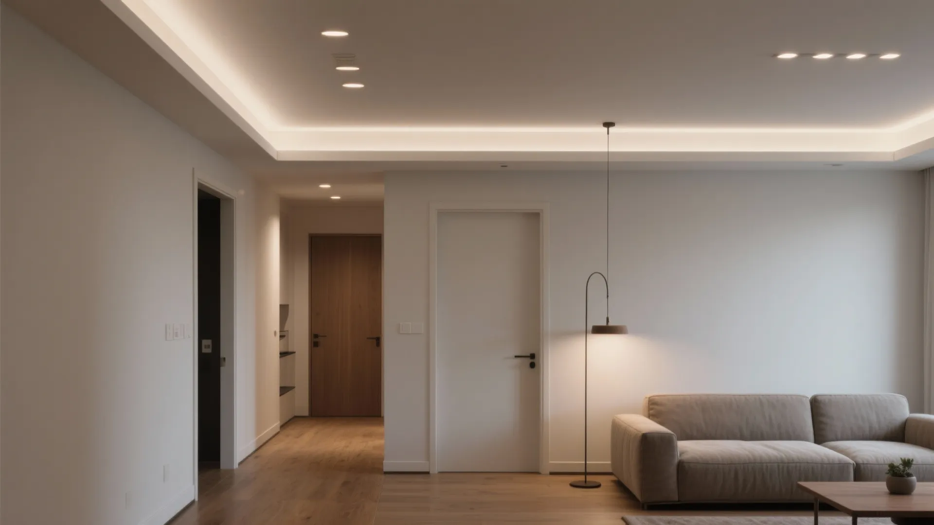 Layered tray ceiling that zones entry and living