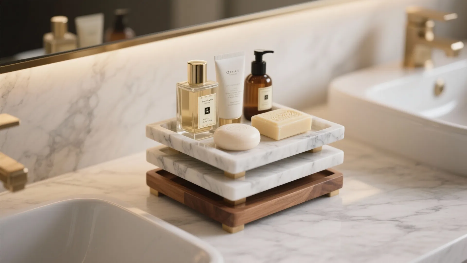 Marble and wood tiered trays holding soap and bottles on a modern white bathroom counter