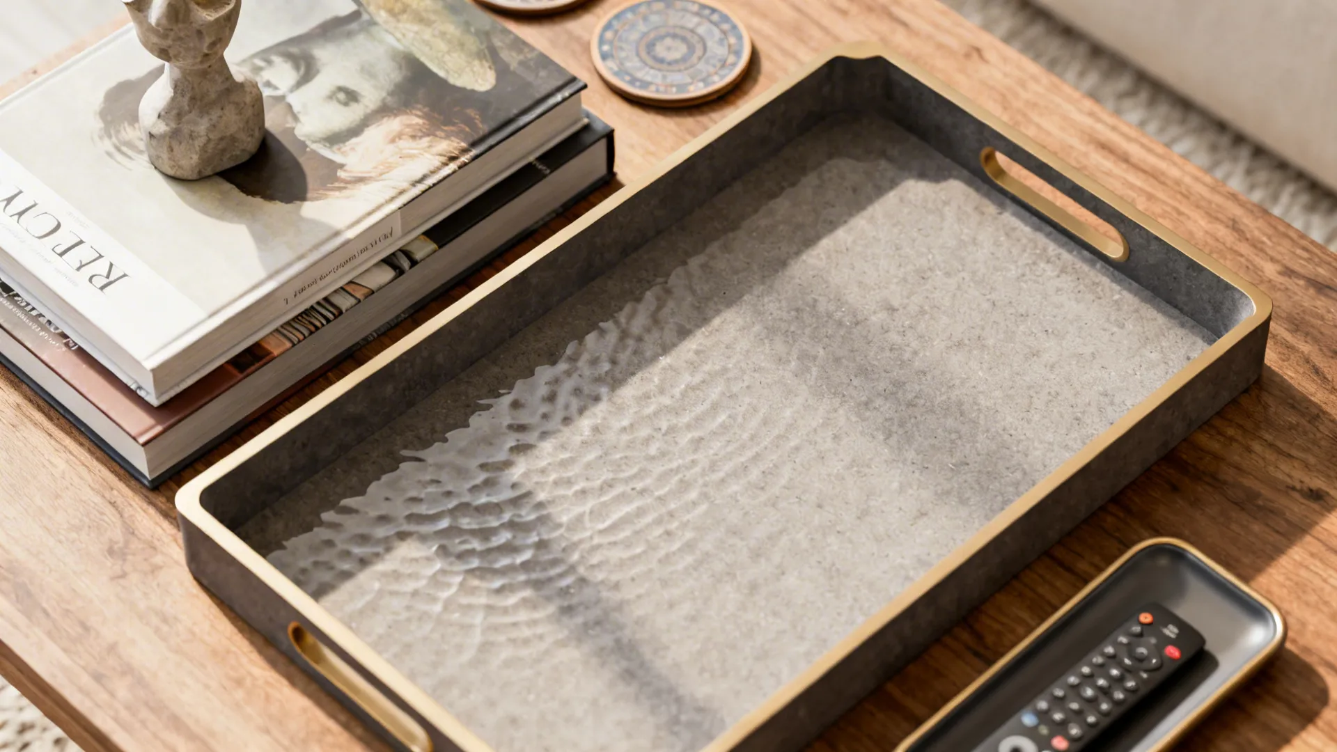 Large grey decorative tray with gold handles sitting on a wooden table next to stack books