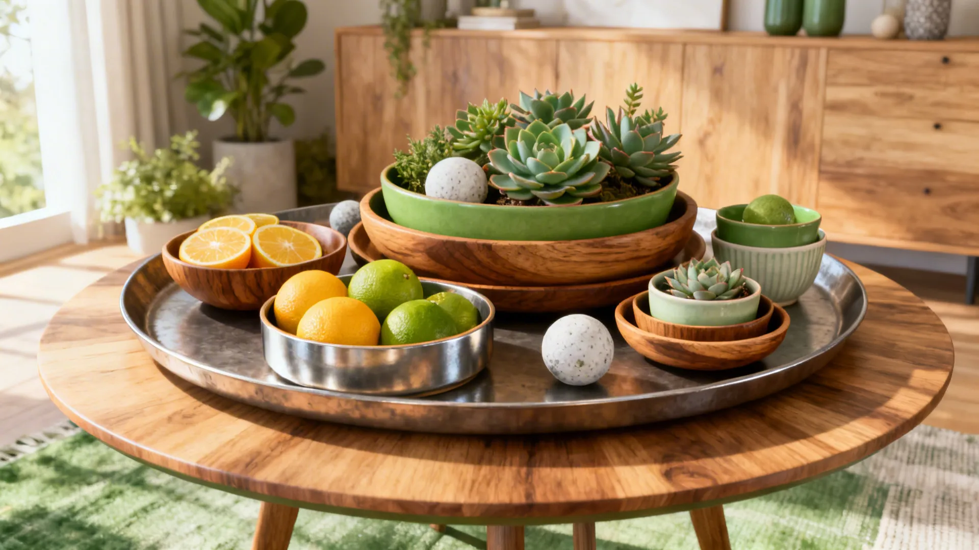 Round table with low layered trays and bowls holding citrus, succulents, and decorative orbs.