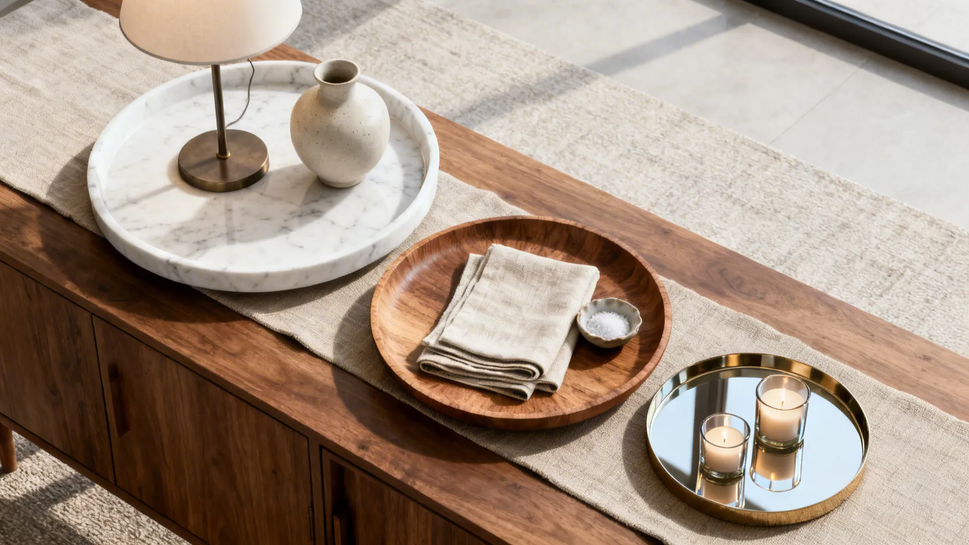Top-down view of three trays on a buffet: marble tray, wooden tray, and mirrored tray with accessories.