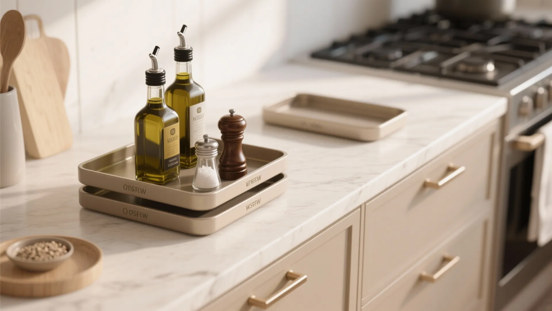 Kitchen counter with layered trays holding cooking essentials