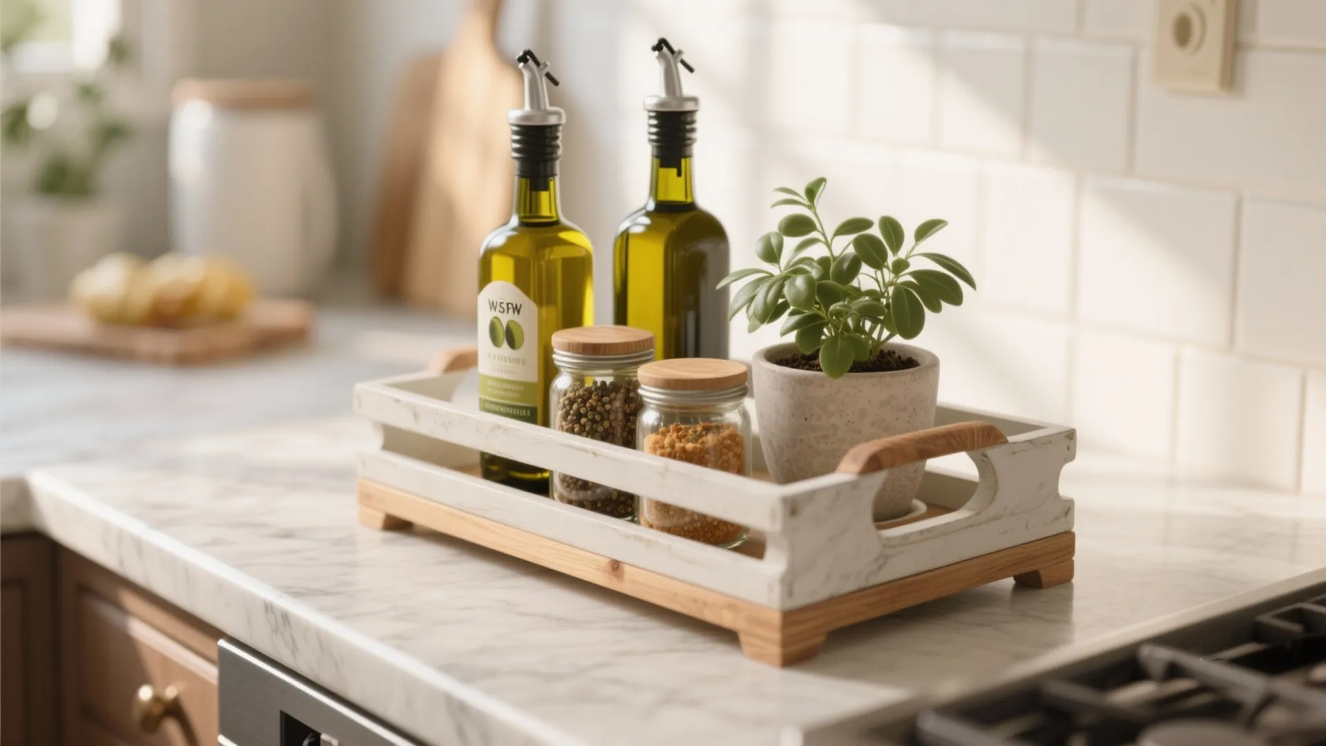 White wooden tray holding olive oil bottles spice jars and small green plant on marble countertop
