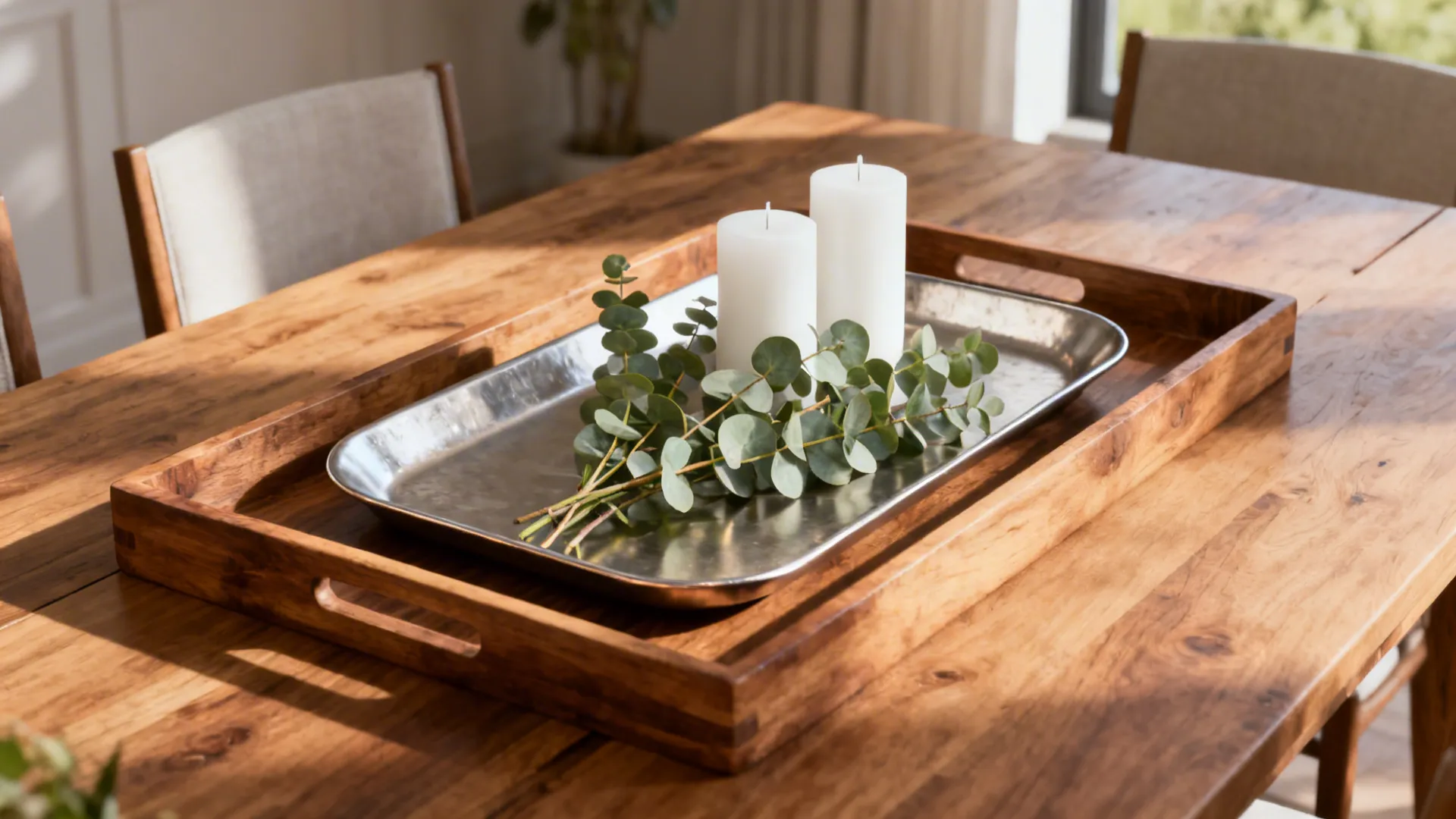 Layered wooden and metallic trays styled with eucalyptus and white candles on a dining table.