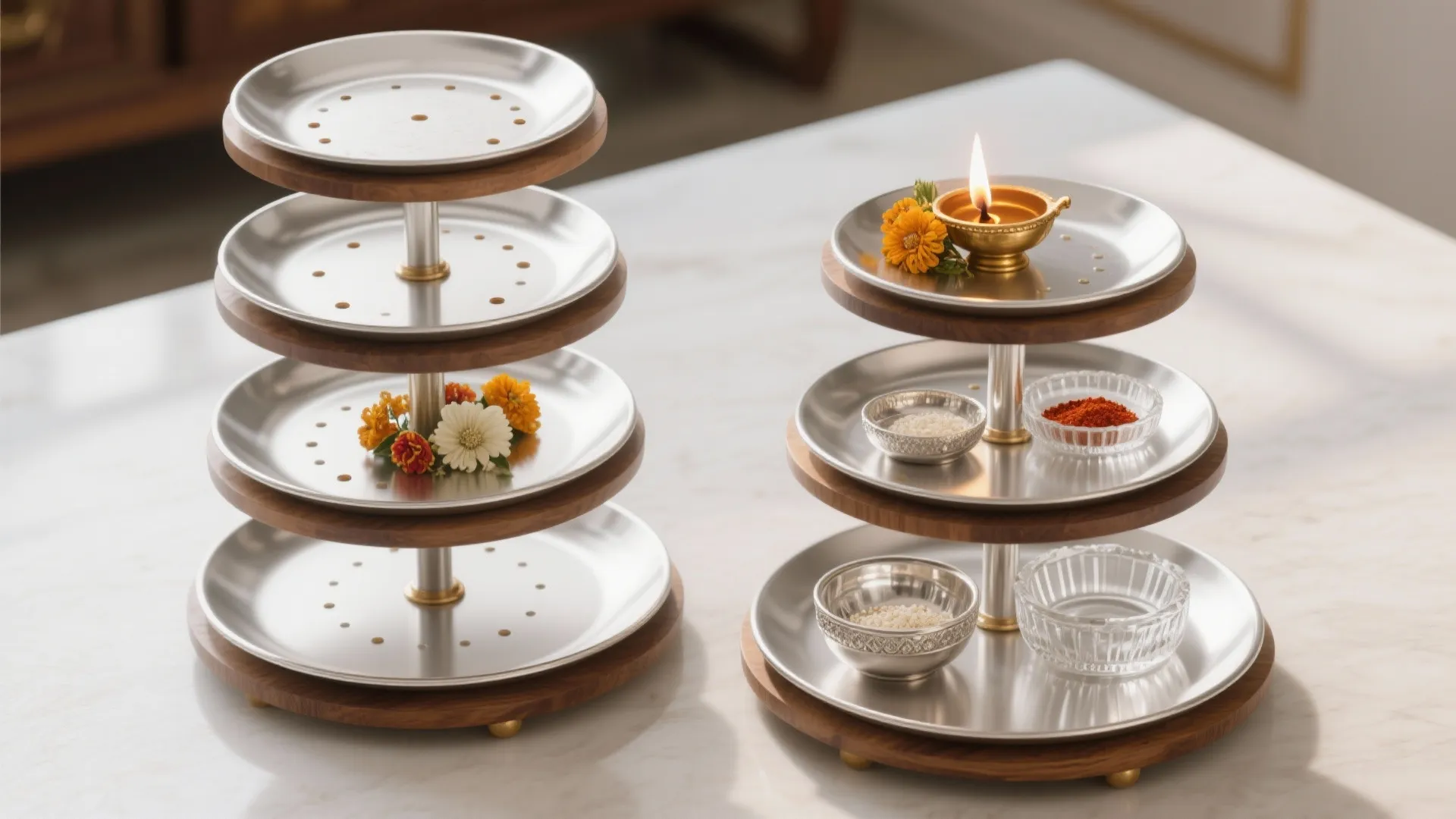 Two layered silver and wood serving trays with small bowls flowers and a lit candle