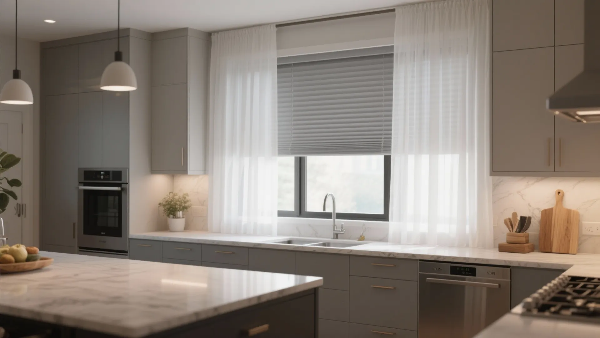 Modern grey kitchen featuring layered window treatments with white sheer curtains and grey window blinds