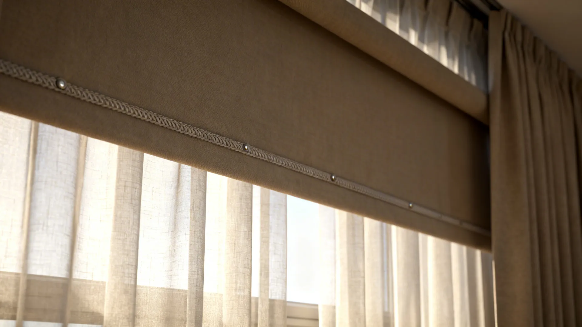 Close-up of sheer curtain layered over blackout panel and top-down shade, showing fabric texture.