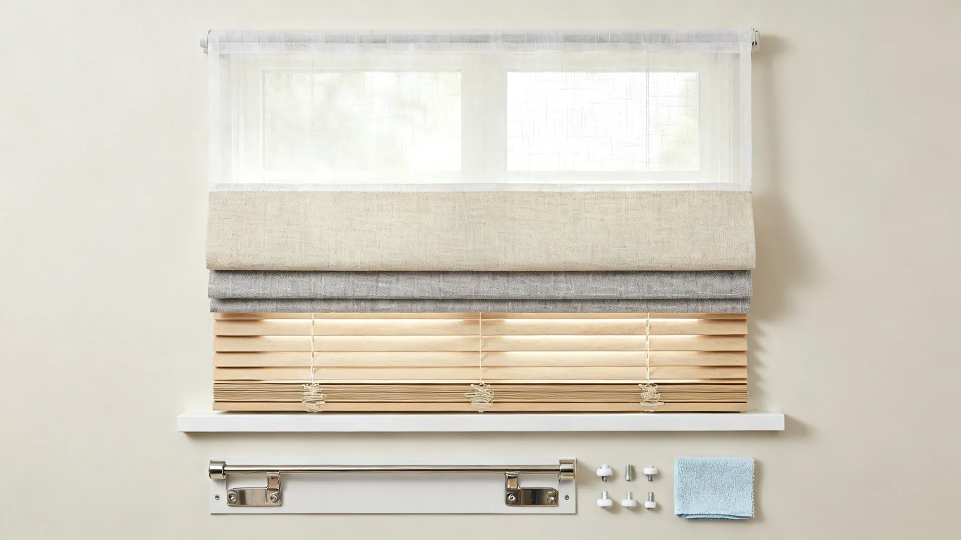 Flat lay of sheer fabric, washable Roman shade, slim wood blinds, and recess-mount hardware.