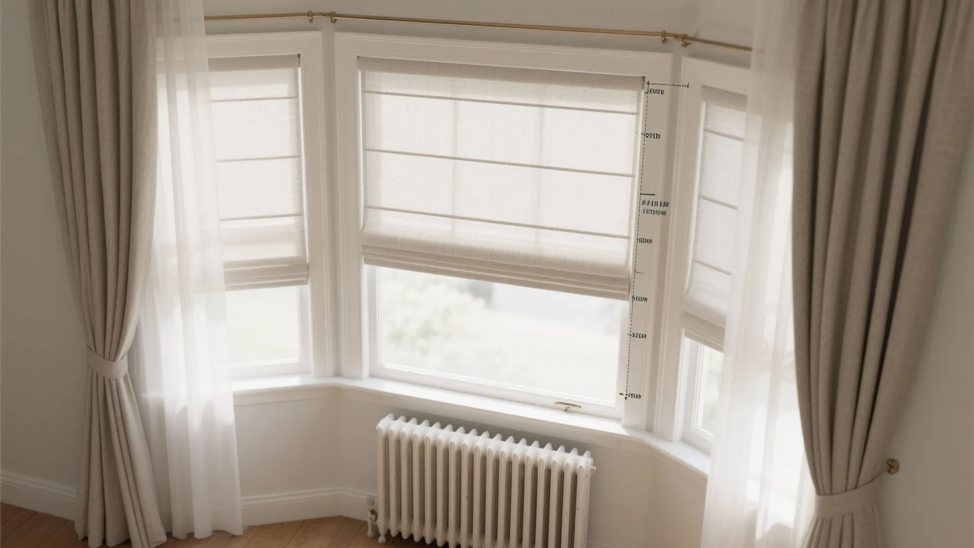 Top-down visualization of sheer Roman shades with side panels showing clearances and alignment.