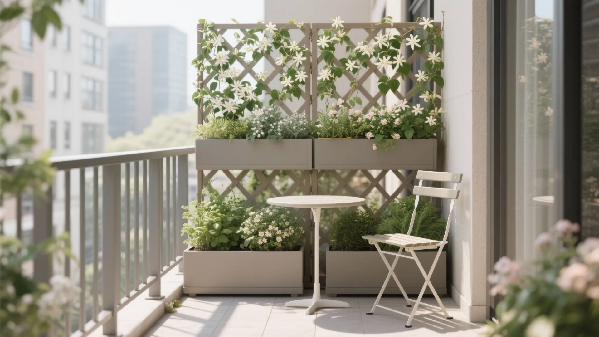 Layered balcony planters with a slim trellis combine privacy and planting area.