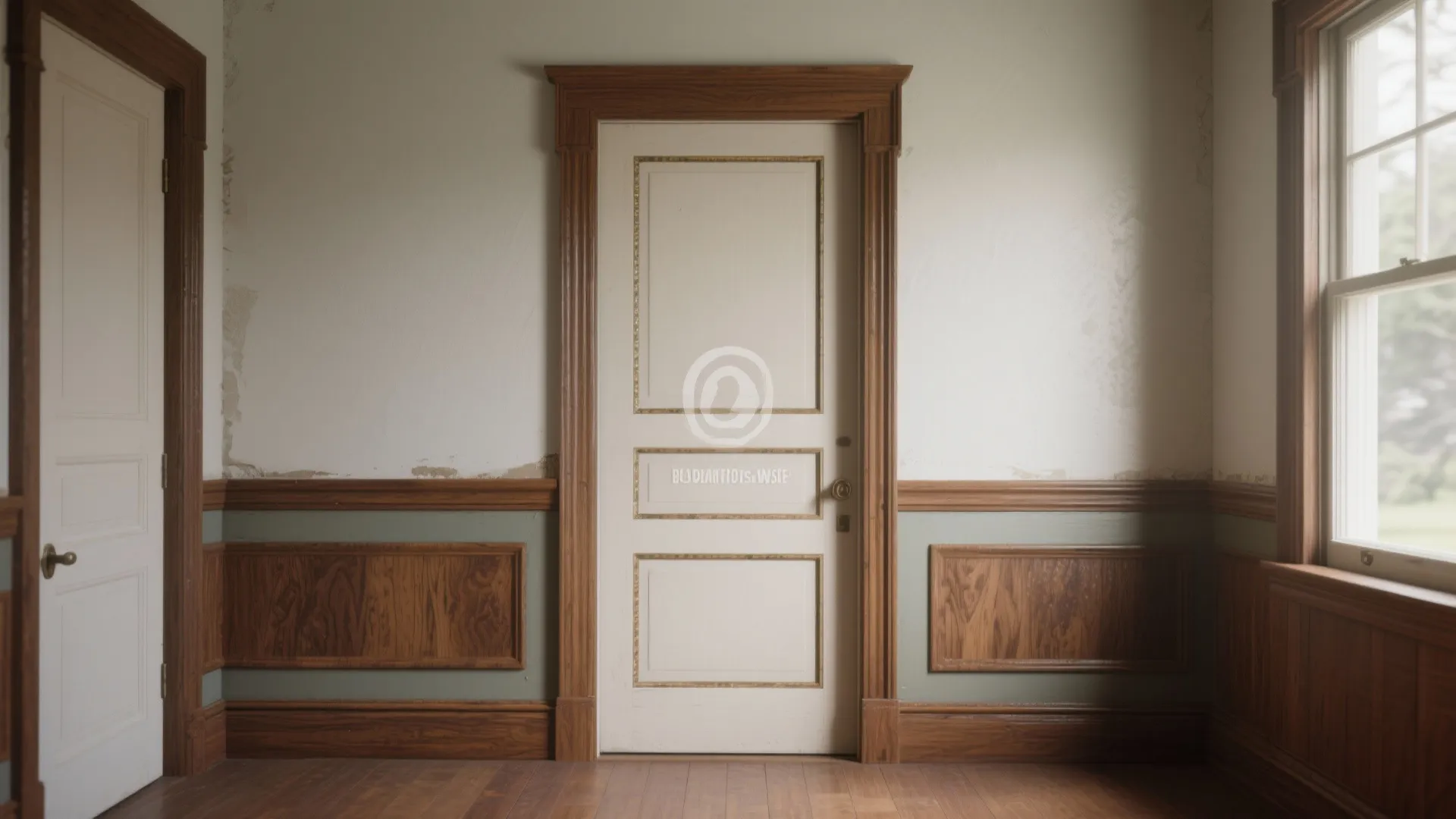 Classic room interior with white door wood frame wall panel decoration and large side window