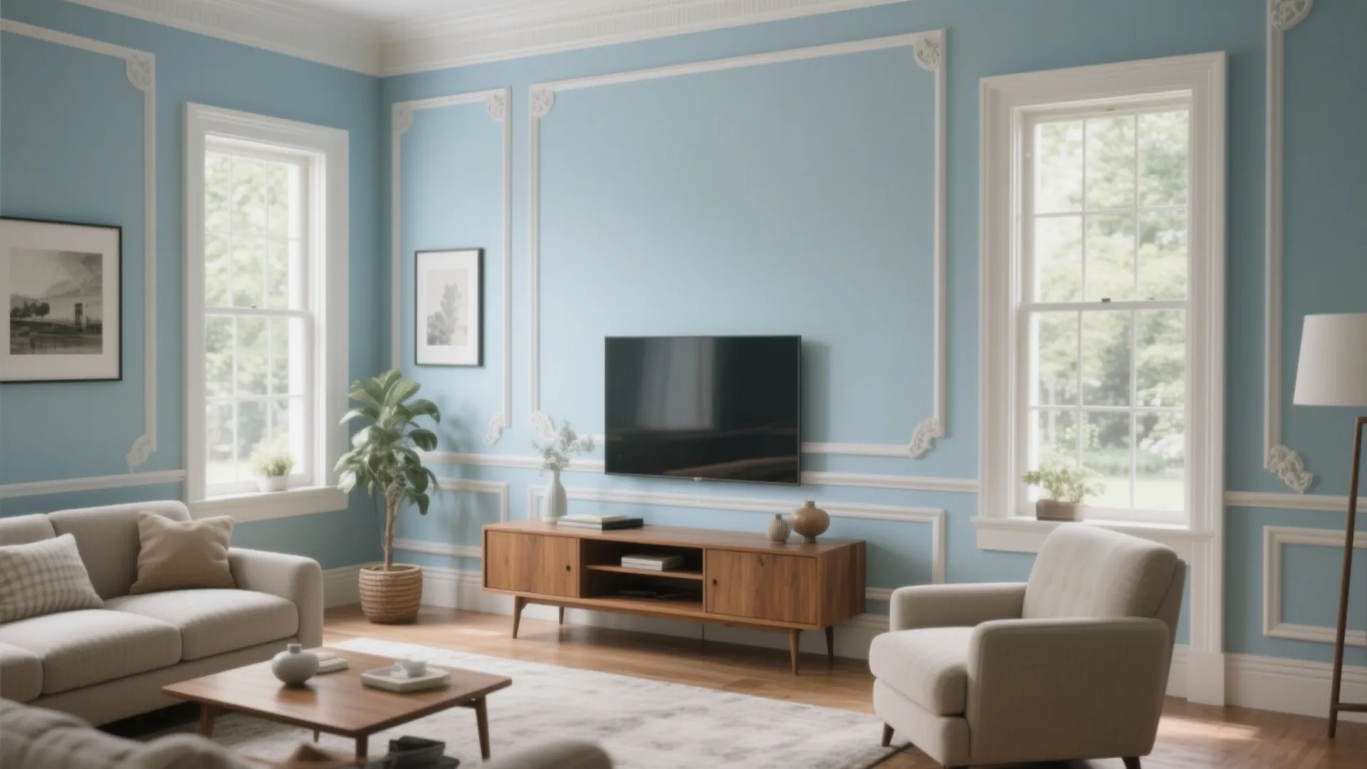 Light blue living room with white wall panel decor wooden cabinet television windows sofa armchair