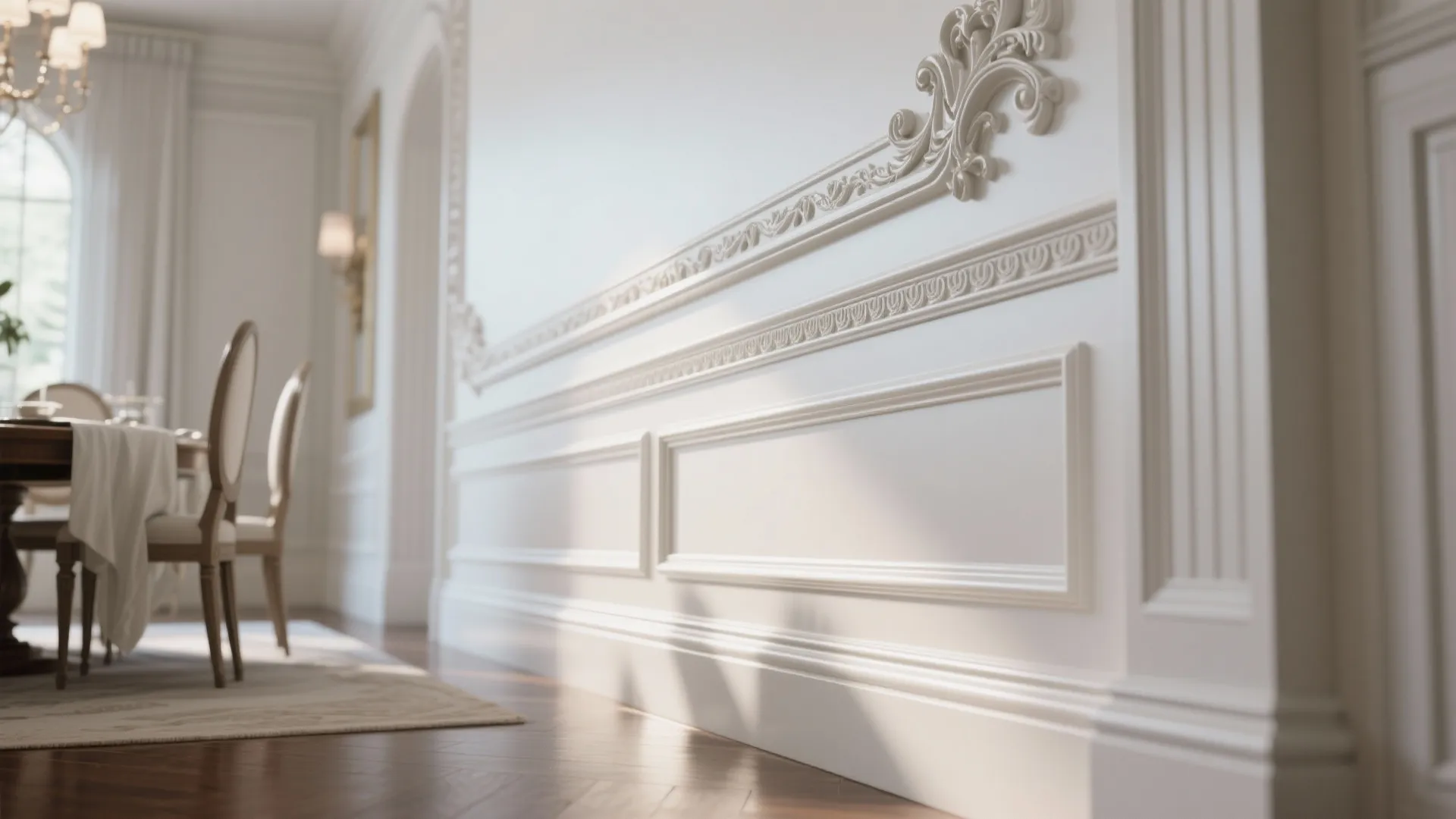 Close-up of oversized crown moulding and baseboard detail