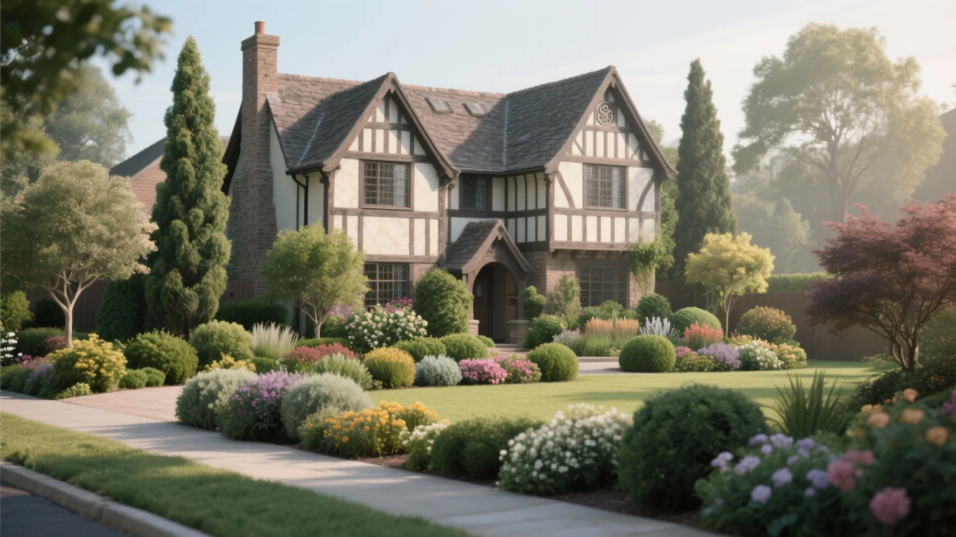 Front yard landscape with green grass round bushes and many small colorful flowers around house