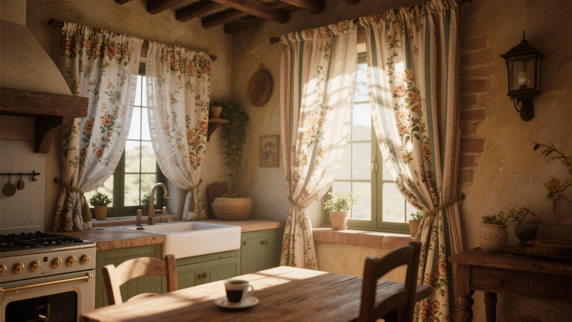Country style kitchen with floral curtains near white sink and green cabinets under sunlight beams