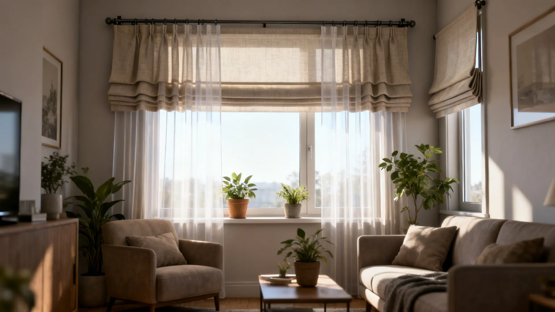 Bright living room with light brown curtain over window plus sofa and several green plants