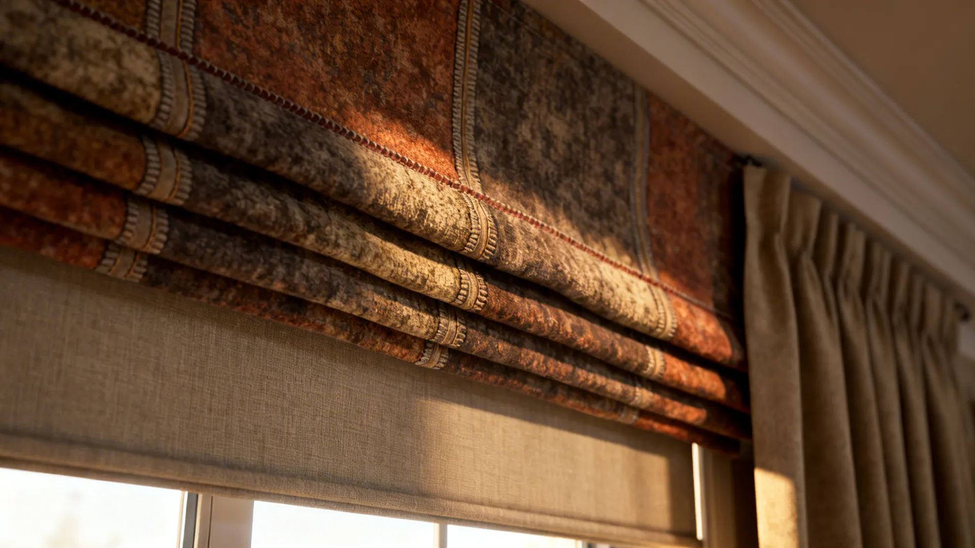 Close up view of patterned orange and brown curtains layered over a plain light shade